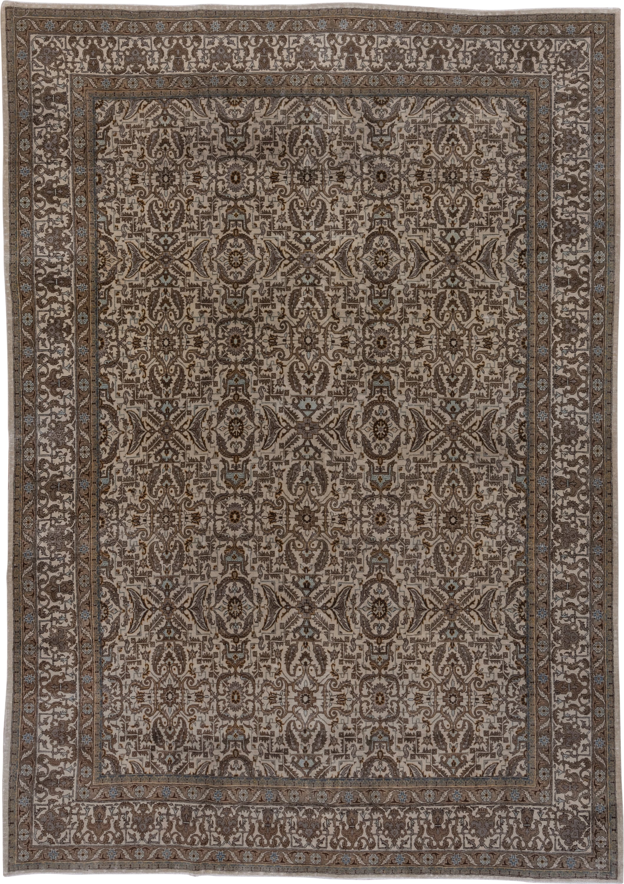 7' x 11' one-of-a-kind handmade antique Tabriz large size rug. Color palette: ivory, taupe, brown, camel, slate, soft_blue