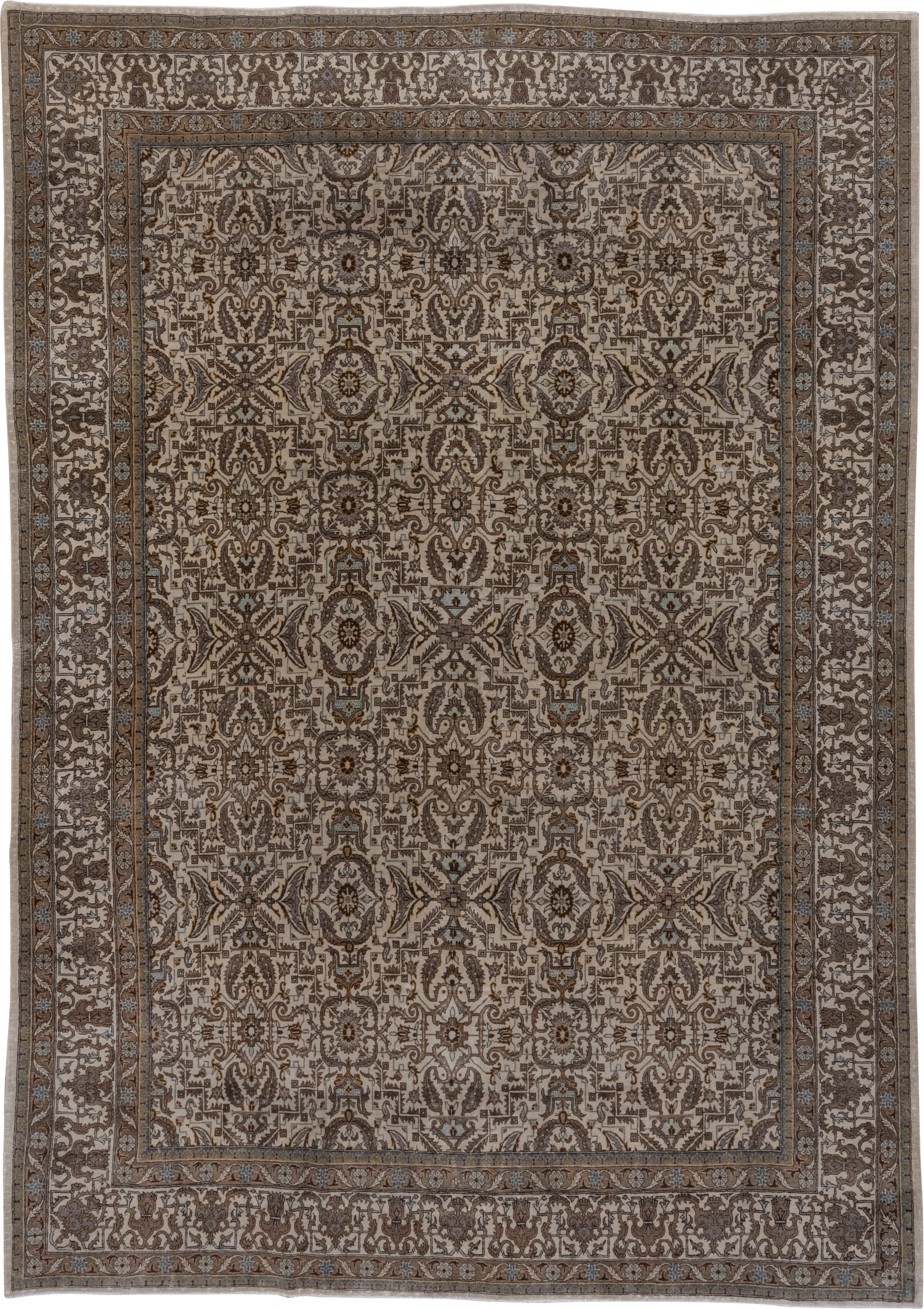 7' x 11' one-of-a-kind handmade antique Tabriz large size rug. Color palette: ivory, taupe, brown, camel, slate, soft_blue