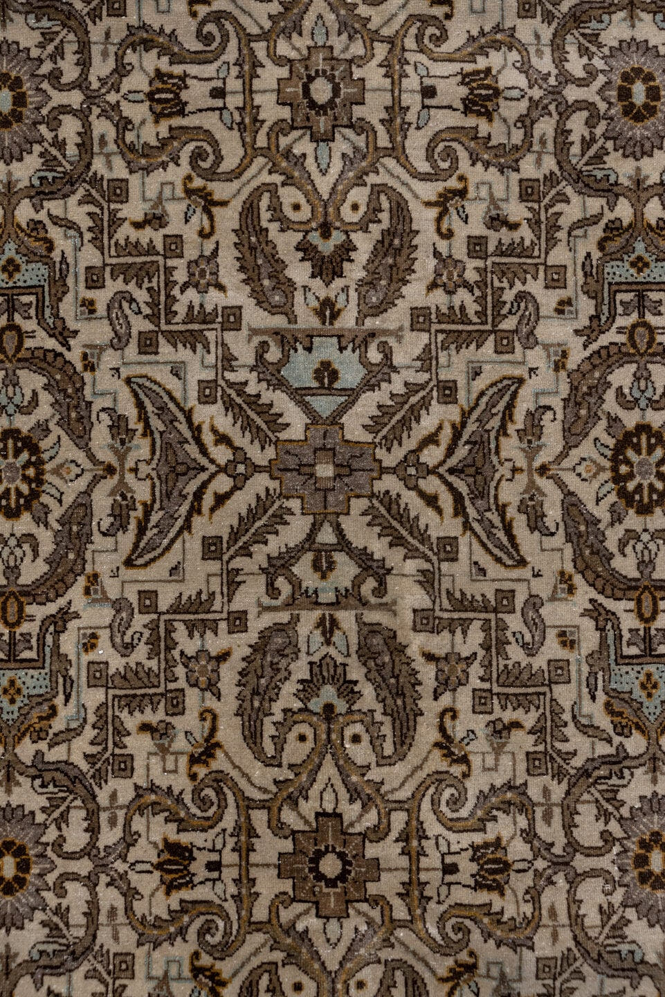 7' x 11' one-of-a-kind handmade antique Tabriz large size rug. Color palette: ivory, taupe, brown, camel, slate, soft_blue