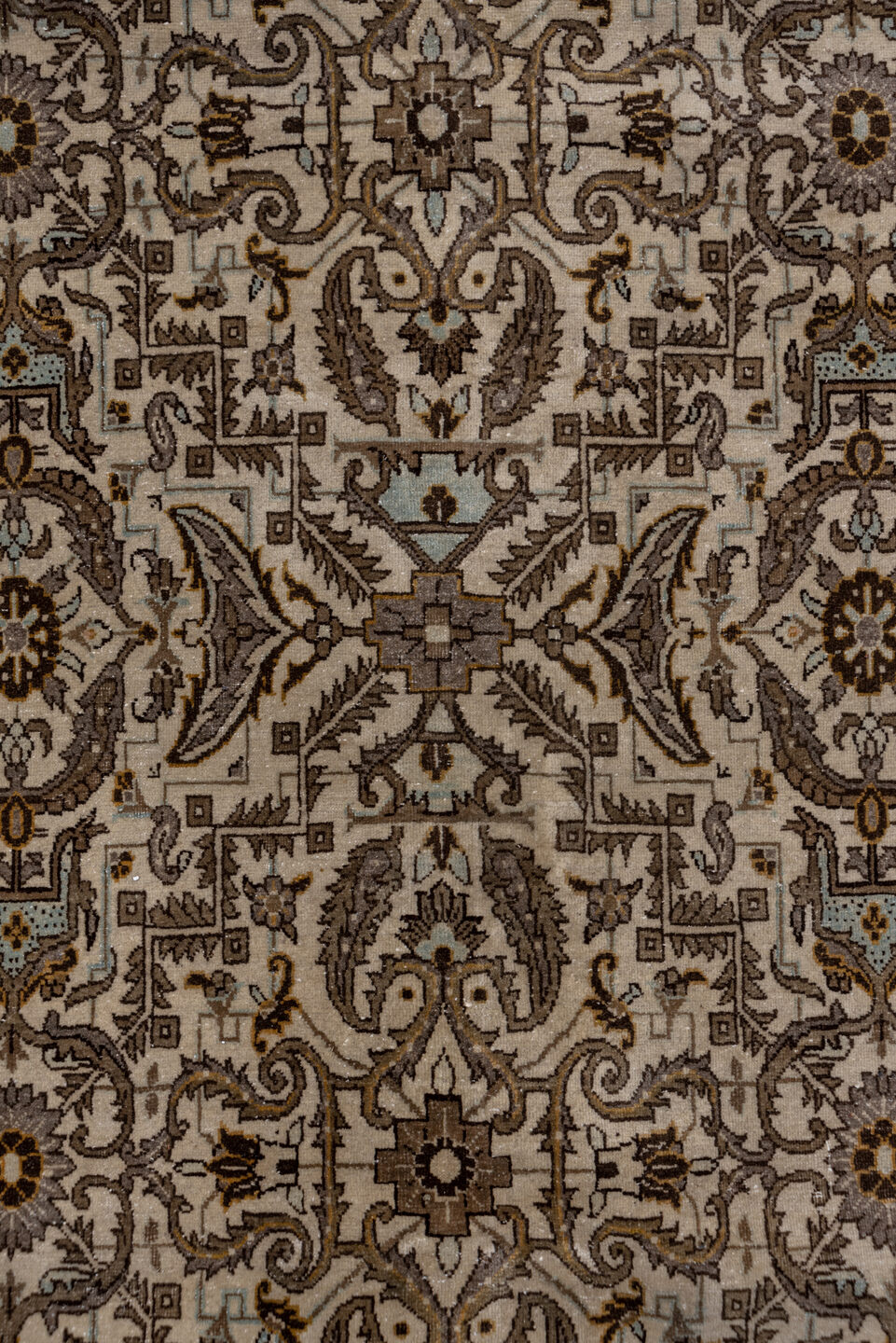 7' x 11' one-of-a-kind handmade antique Tabriz large size rug. Color palette: ivory, taupe, brown, camel, slate, soft_blue