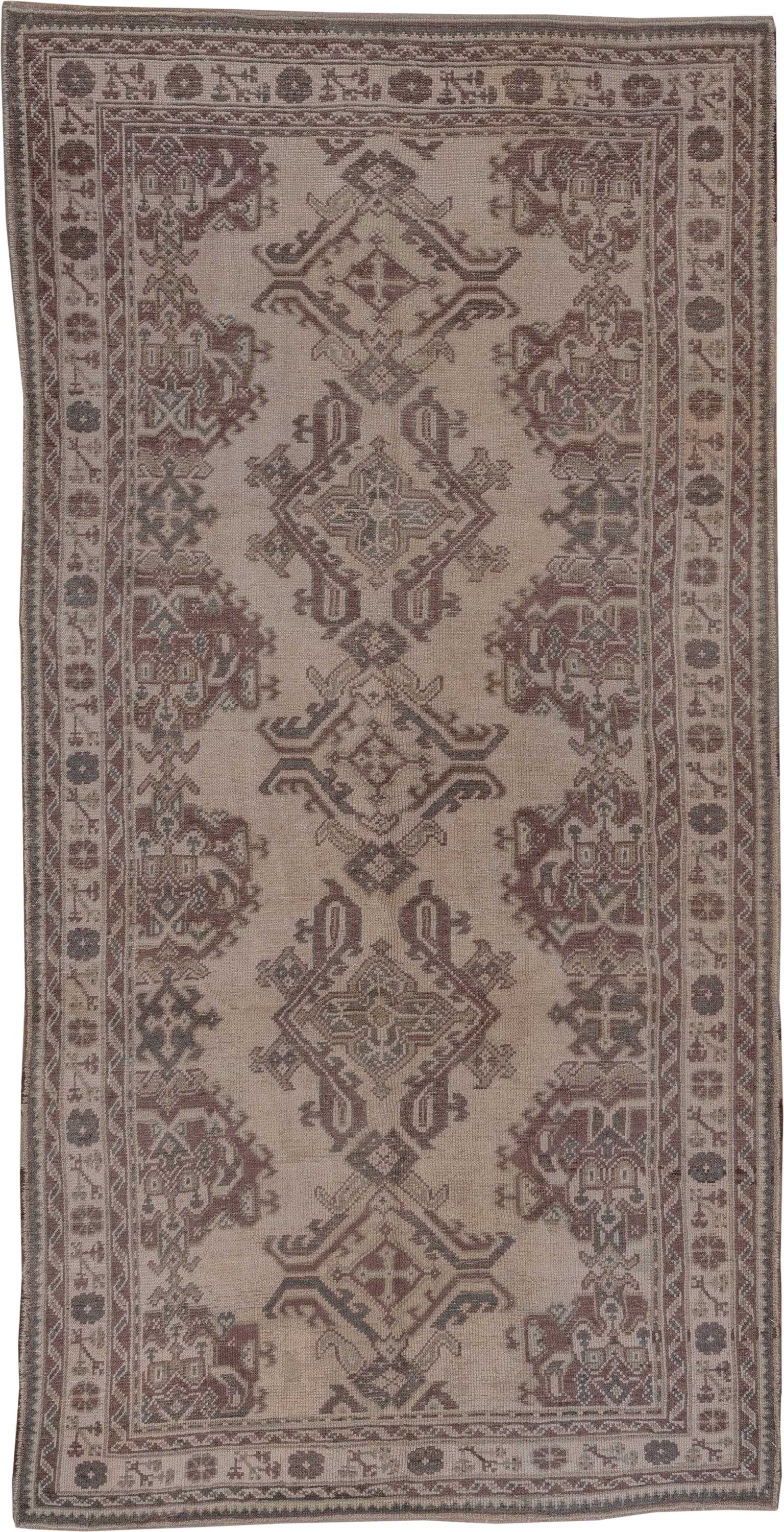 6' x 12' one-of-a-kind handmade antique Oushak large size rug. Color palette: ivory, taupe, rose, brown, mauve, charcoal