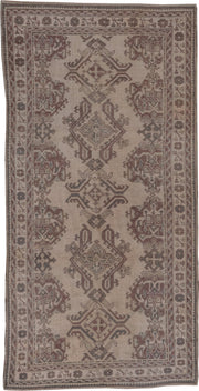 6' x 12' one-of-a-kind handmade antique Oushak large size rug. Color palette: ivory, taupe, rose, brown, mauve, charcoal