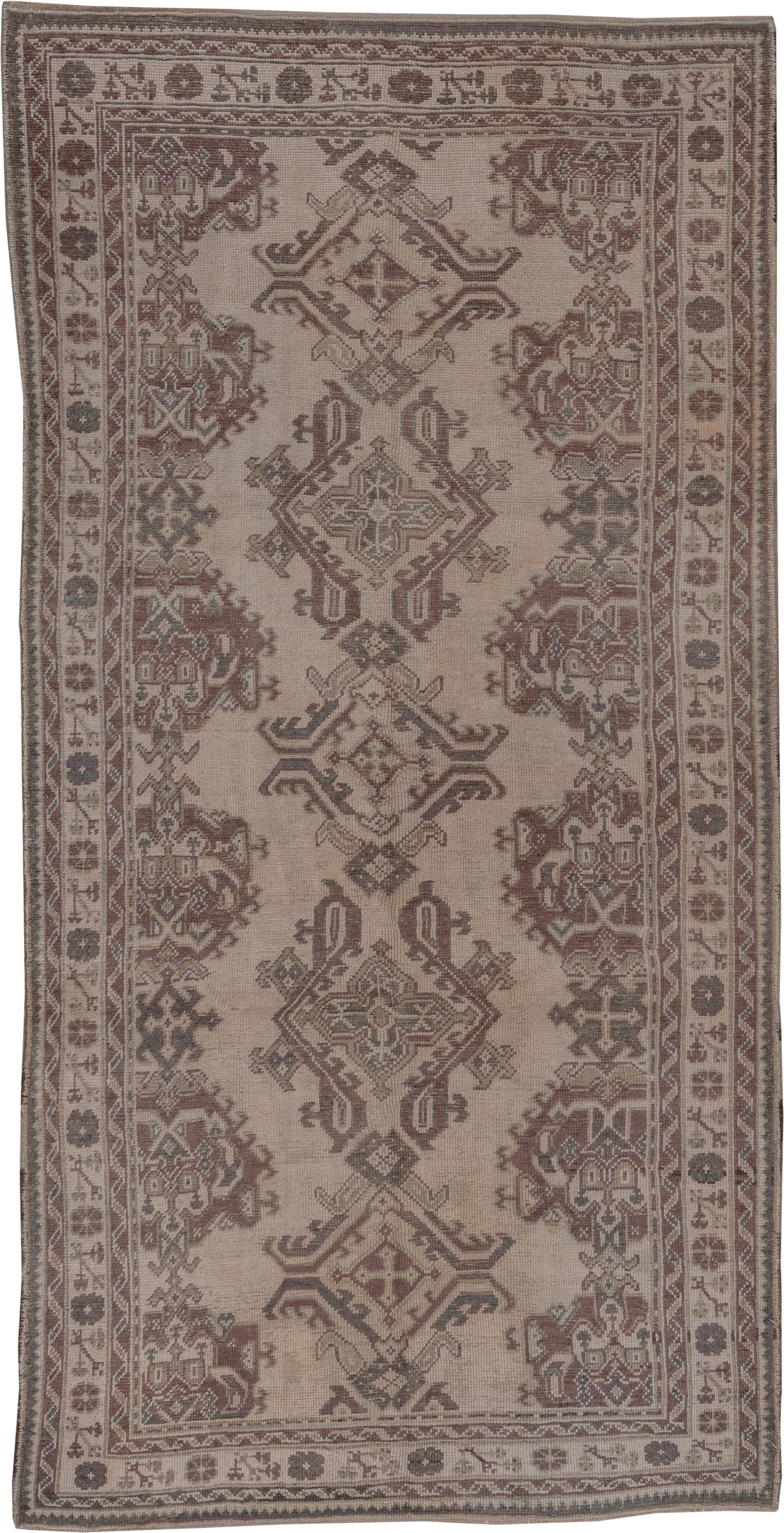 6' x 12' one-of-a-kind handmade antique Oushak large size rug. Color palette: ivory, taupe, rose, brown, mauve, charcoal