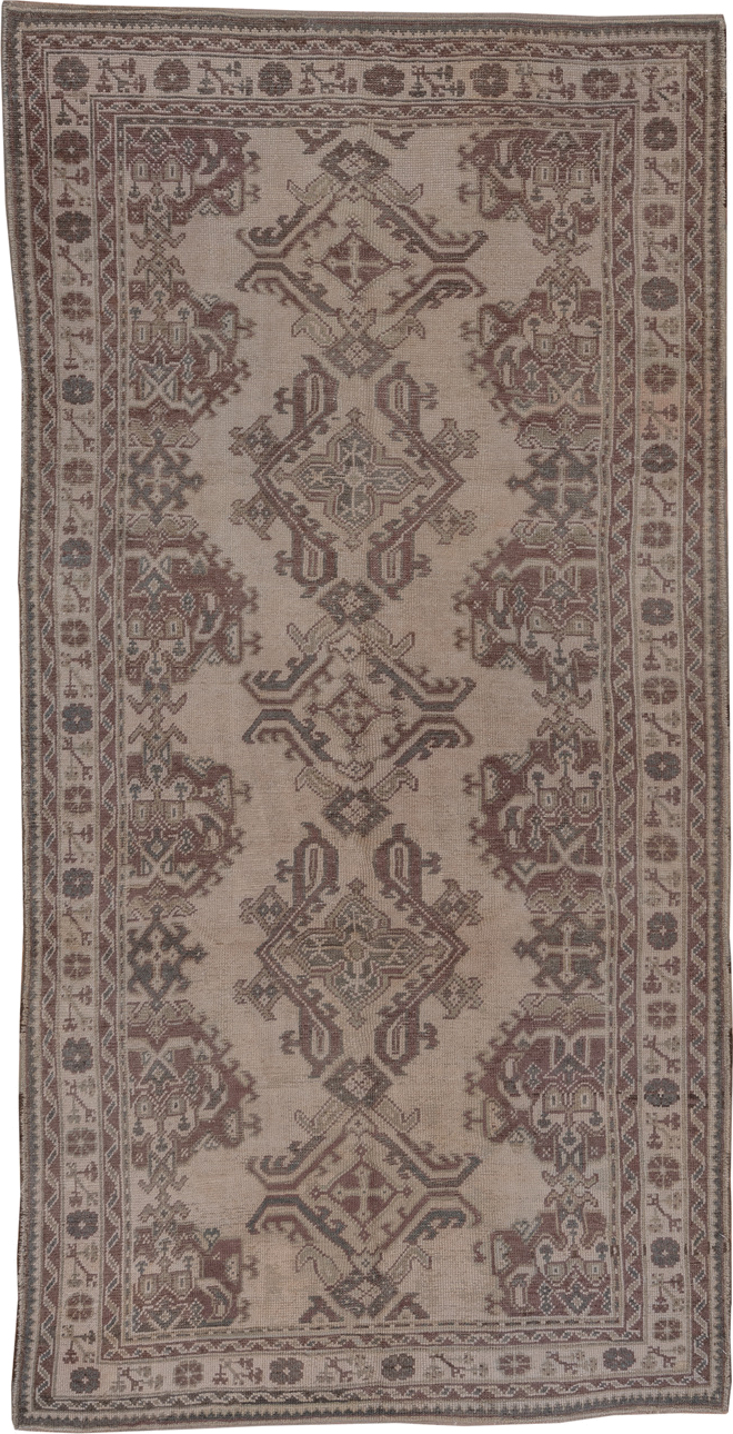 6' x 12' one-of-a-kind handmade antique Oushak large size rug. Color palette: ivory, taupe, rose, brown, mauve, charcoal
