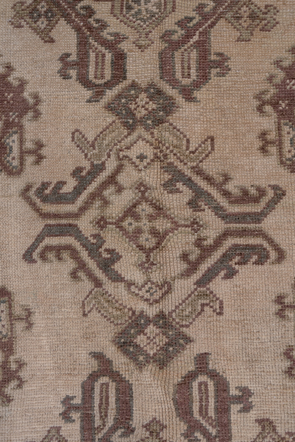 6' x 12' one-of-a-kind handmade antique Oushak large size rug. Color palette: ivory, taupe, rose, brown, mauve, charcoal