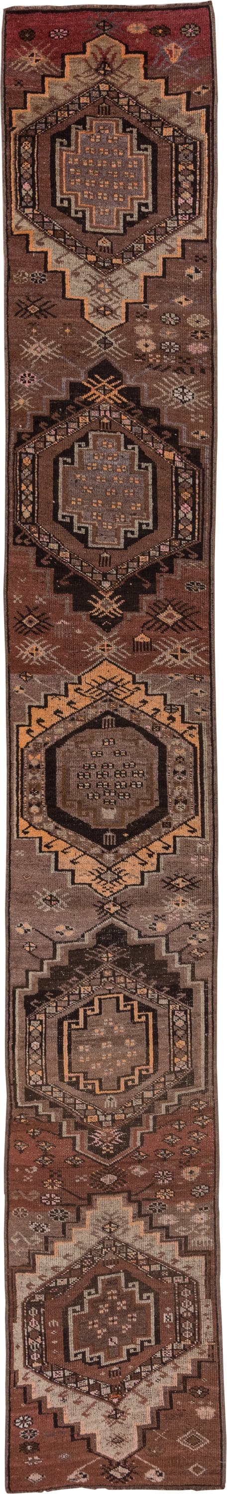 2' x 14' one-of-a-kind handmade antique Kars runner rug. Color palette: brown, taupe, rust, charcoal, camel, ivory