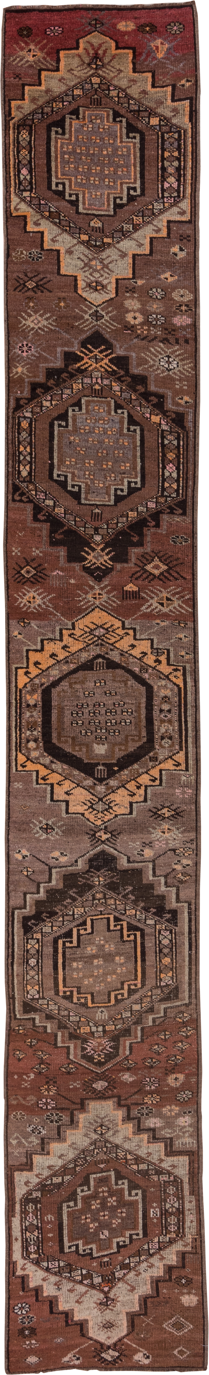 2' x 14' one-of-a-kind handmade antique Kars runner rug. Color palette: brown, taupe, rust, charcoal, camel, ivory