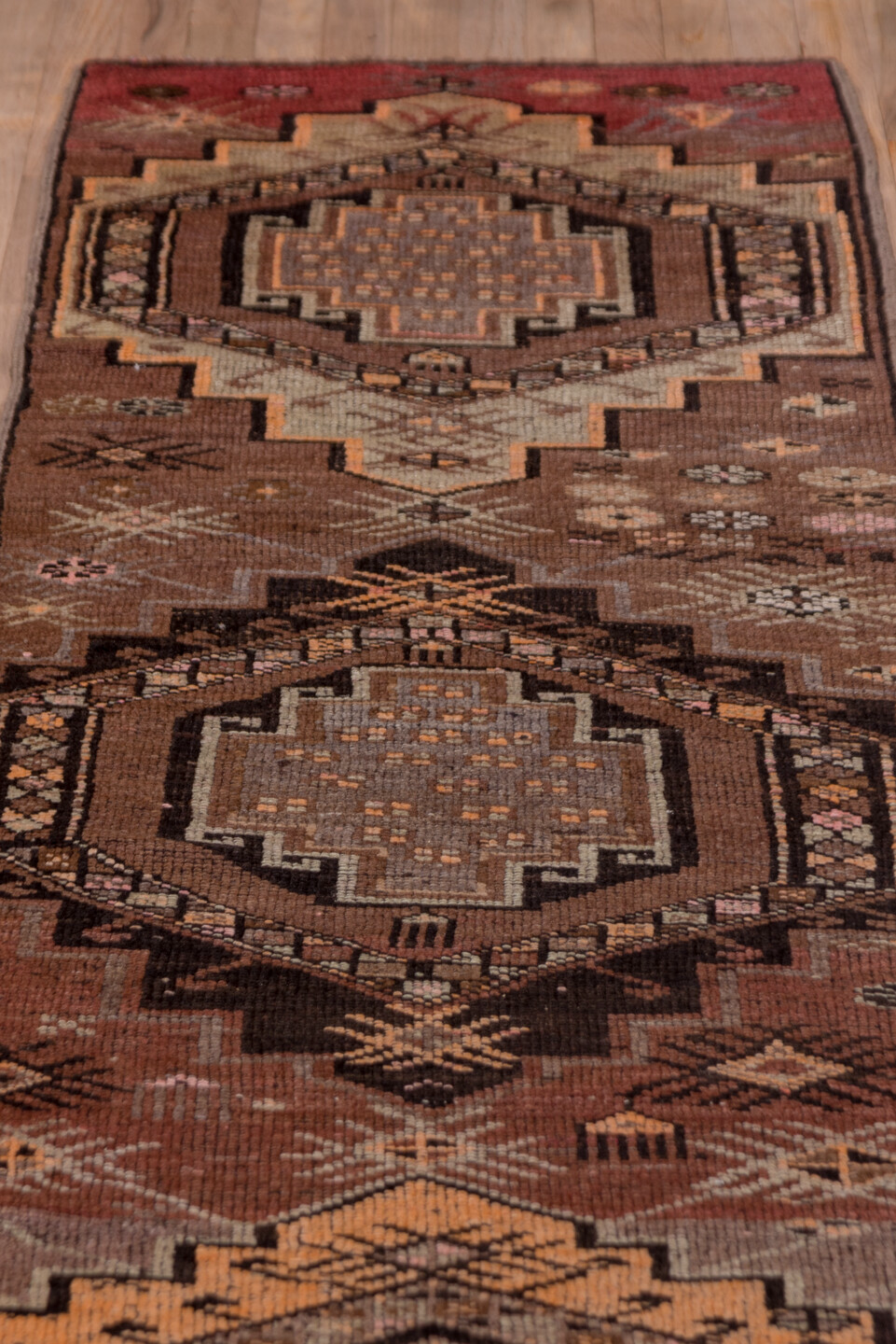 2' x 14' one-of-a-kind handmade antique Kars runner rug. Color palette: brown, taupe, rust, charcoal, camel, ivory