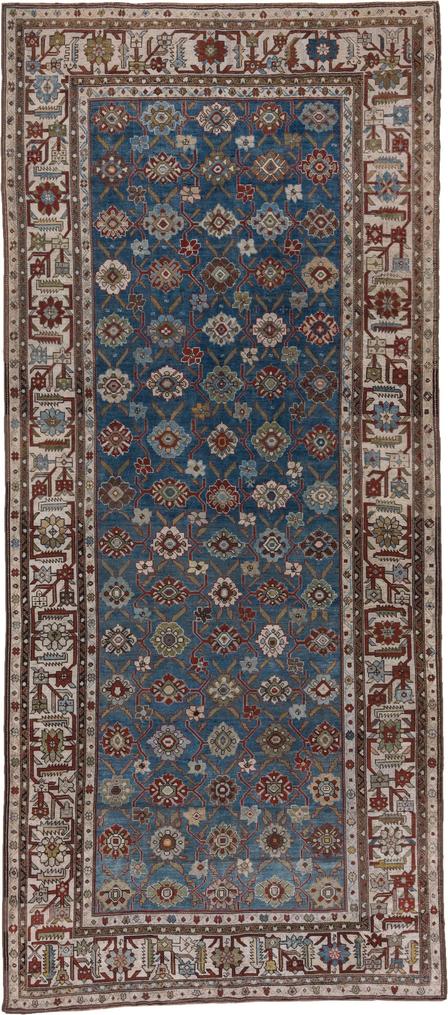 6' x 14' one-of-a-kind handmade antique Karabagh large size rug. Color palette: blue, ivory, rust, slate, sage, taupe, brown