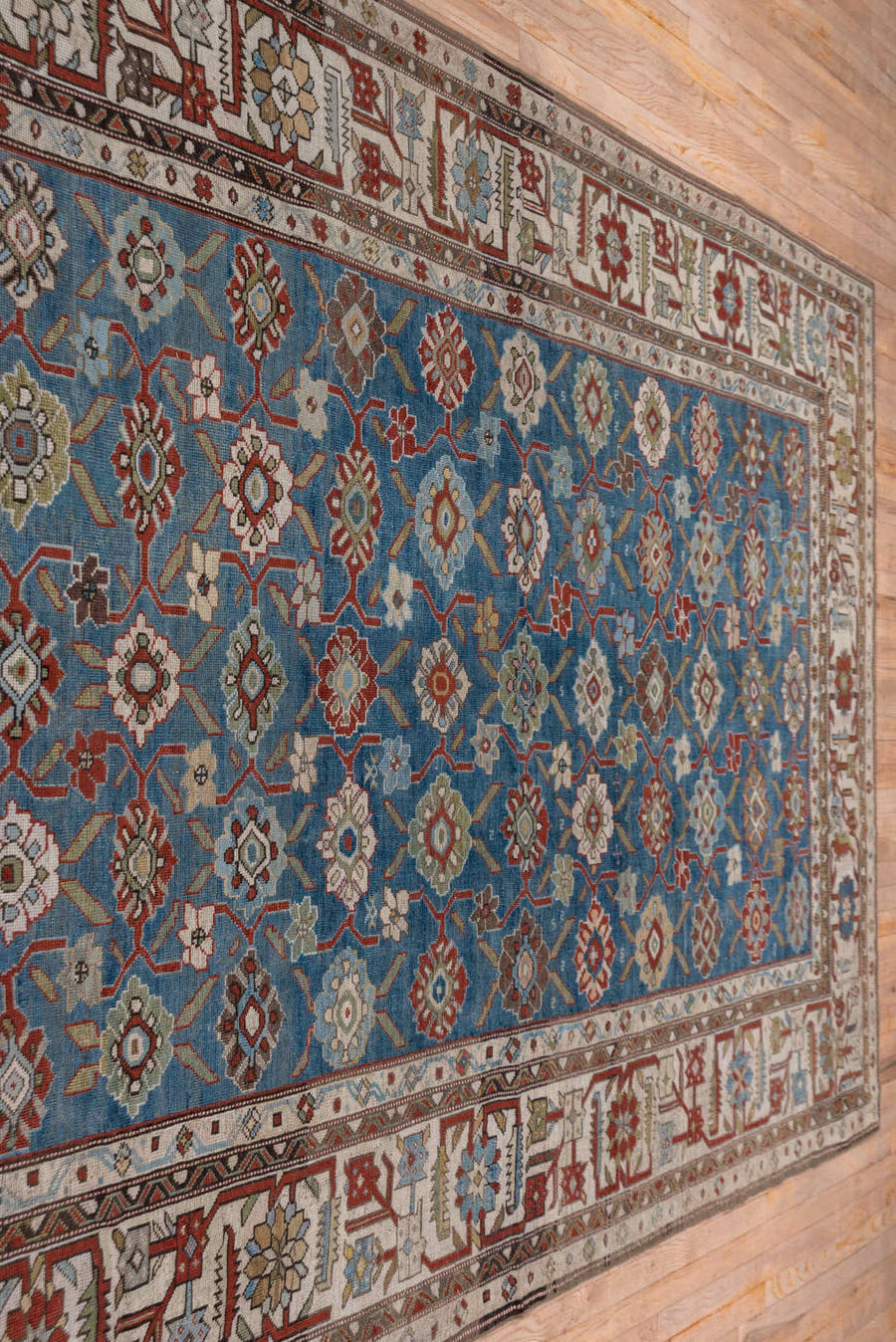 6' x 14' one-of-a-kind handmade antique Karabagh large size rug. Color palette: blue, ivory, rust, slate, sage, taupe, brown