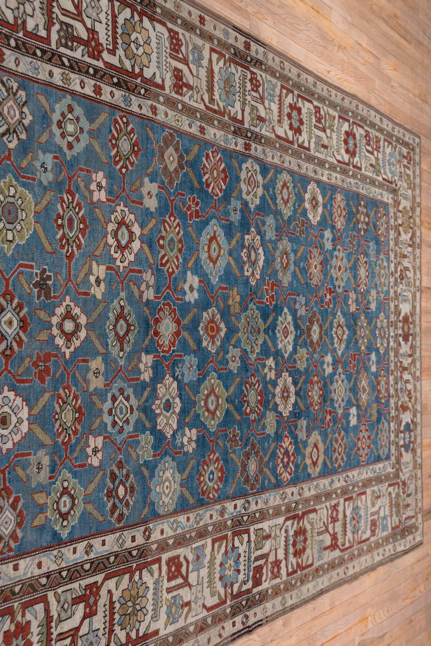 6' x 14' one-of-a-kind handmade antique Karabagh large size rug. Color palette: blue, ivory, rust, slate, sage, taupe, brown