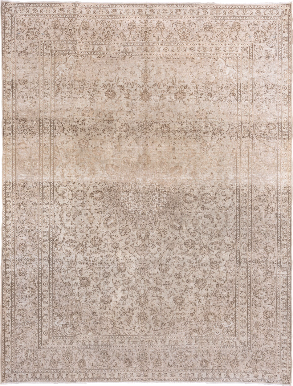 9' x 12' one-of-a-kind handmade vintage Tabriz large size rug. Color palette: ivory, taupe, beige, sand, camel, greige, gray