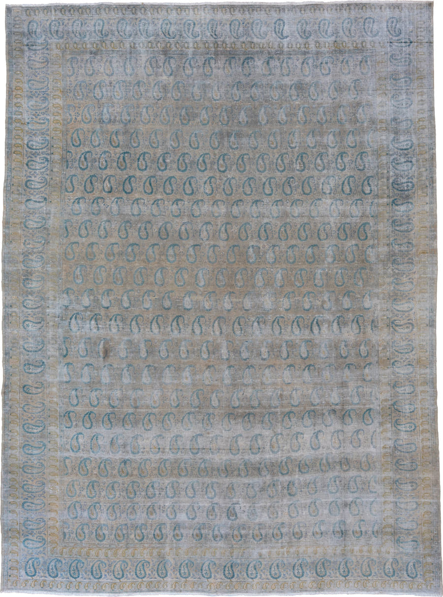 9' x 12' one-of-a-kind handmade antique Sivas large size rug. Color palette: pale blue, ivory, sky blue, beige, taupe, gold