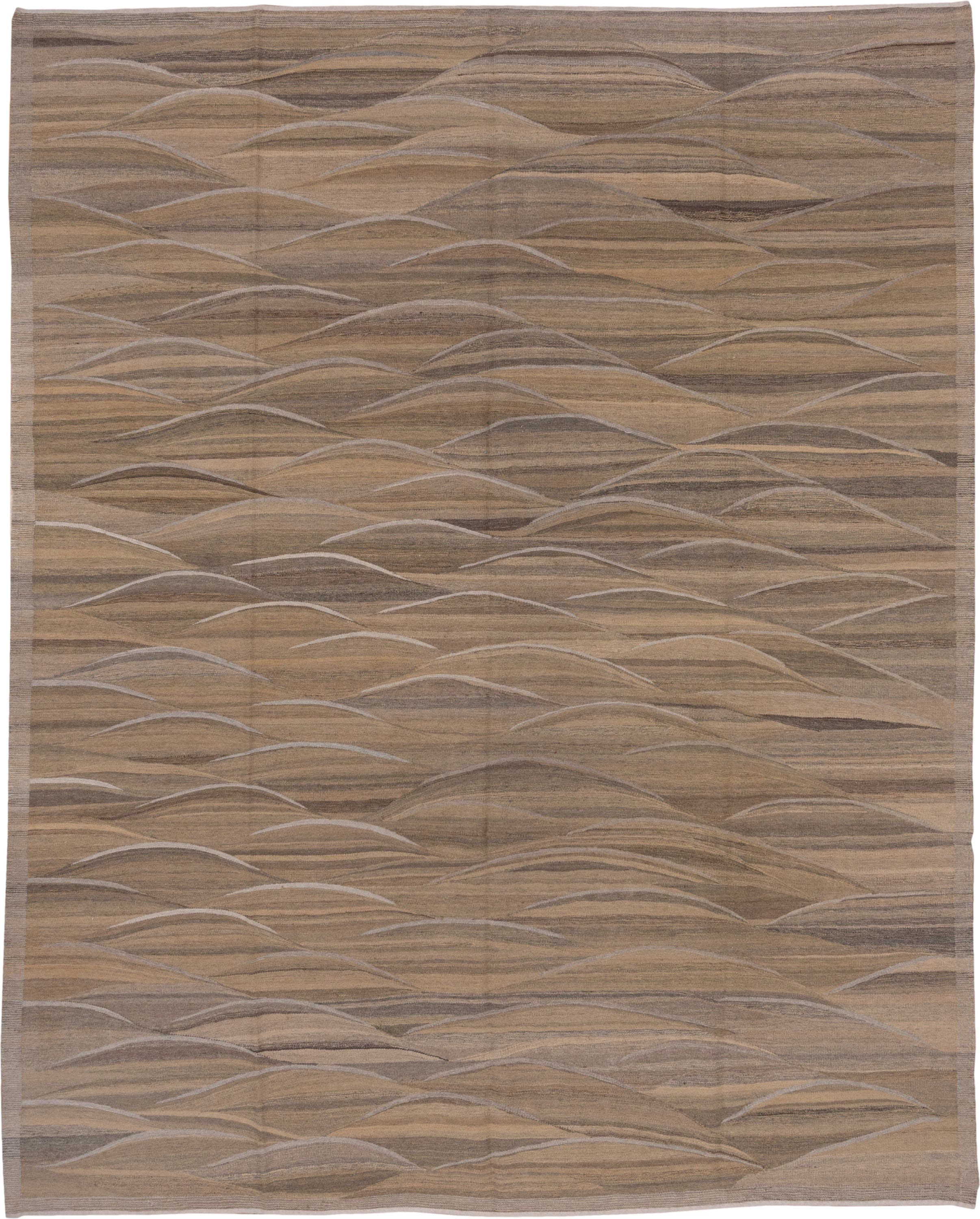 8' x 10' one-of-a-kind handmade vintage Kilim large size rug. Color palette: taupe, brown, camel, beige, ivory, charcoal