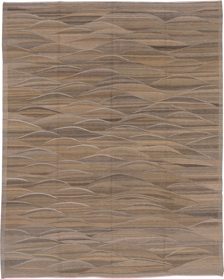 8' x 10' one-of-a-kind handmade vintage Kilim large size rug. Color palette: taupe, brown, camel, beige, ivory, charcoal