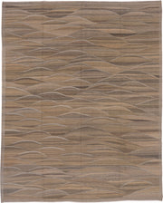 8' x 10' one-of-a-kind handmade vintage Kilim large size rug. Color palette: taupe, brown, camel, beige, ivory, charcoal