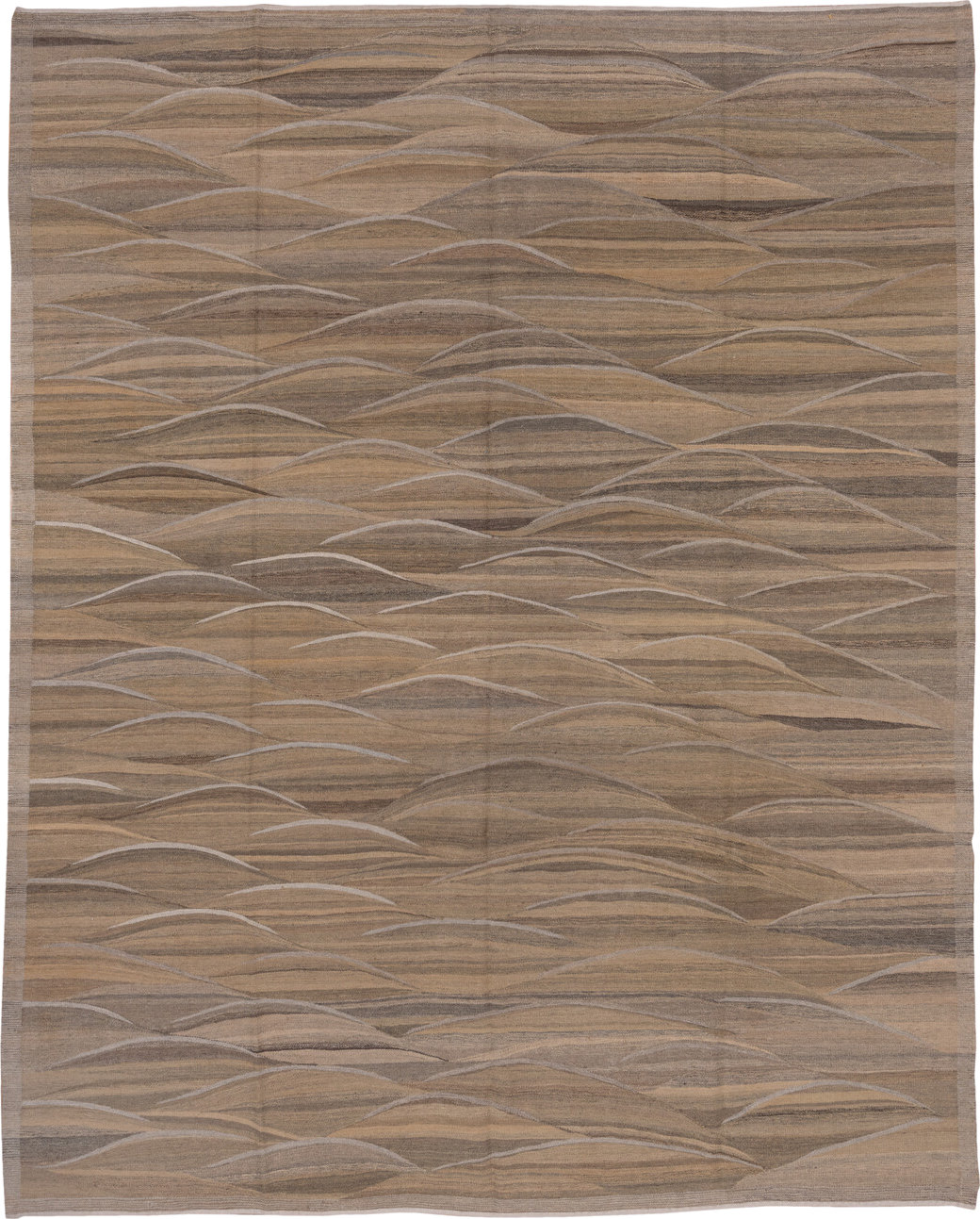 8' x 10' one-of-a-kind handmade vintage Kilim large size rug. Color palette: taupe, brown, camel, beige, ivory, charcoal