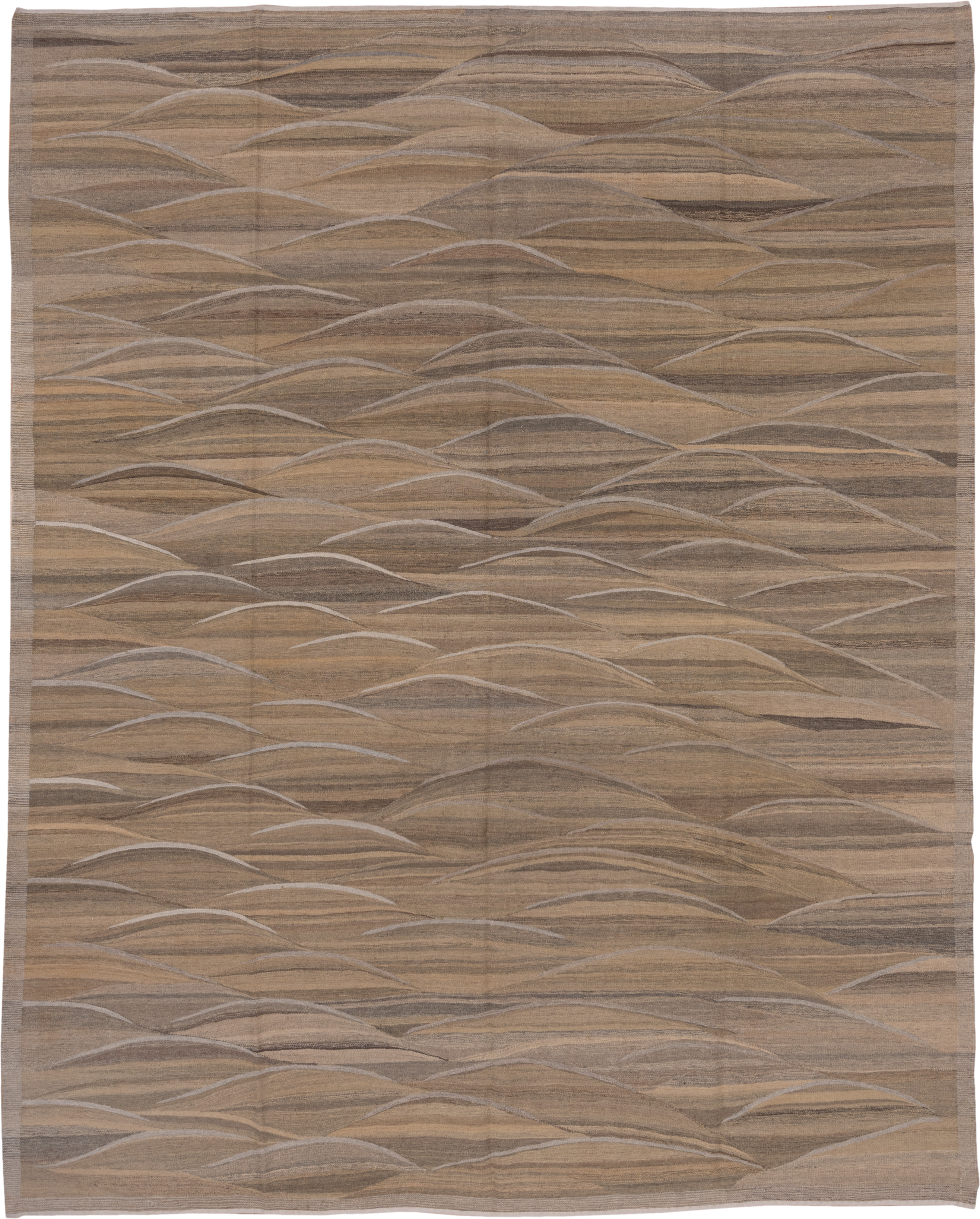 8' x 10' one-of-a-kind handmade vintage Kilim large size rug. Color palette: taupe, brown, camel, beige, ivory, charcoal