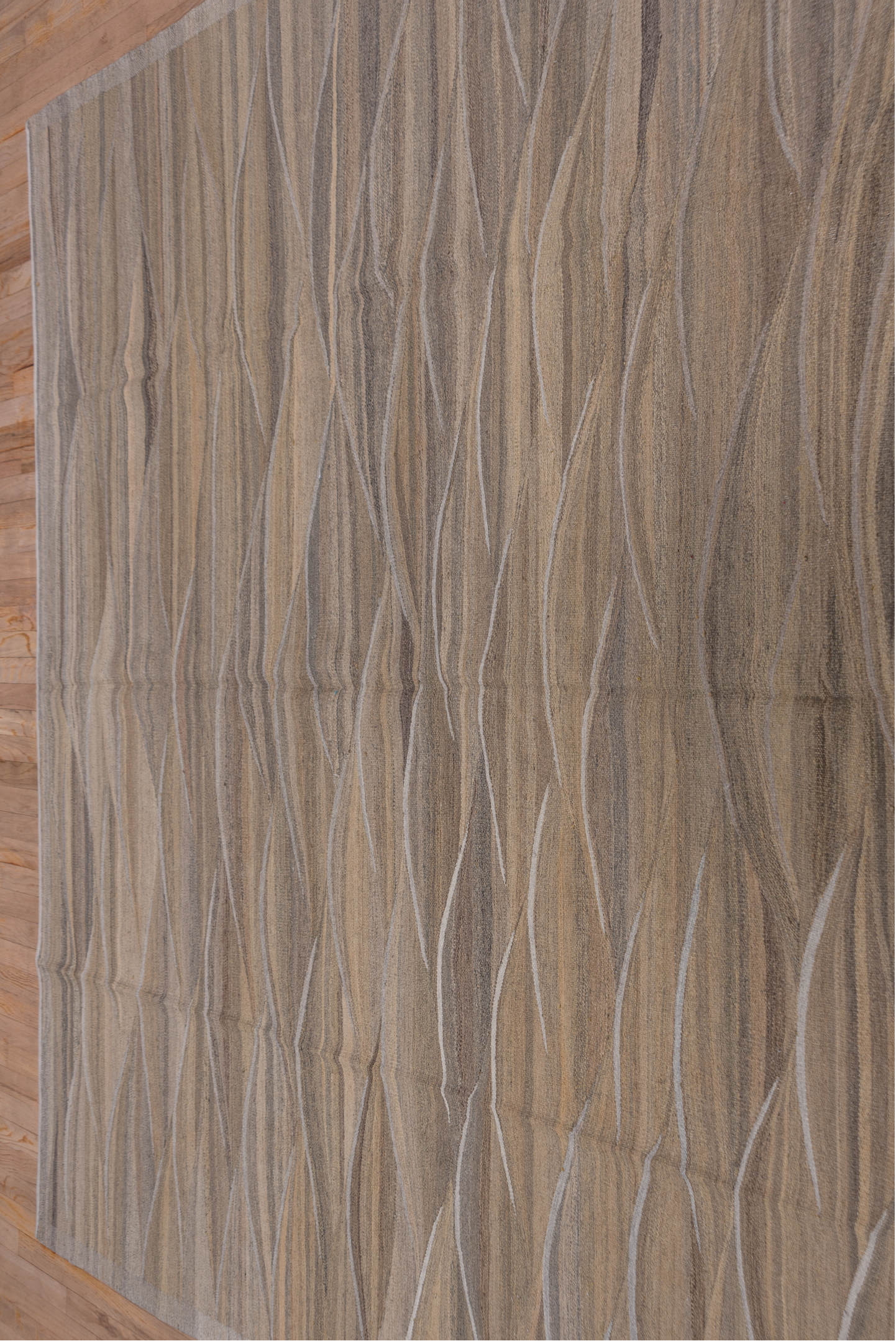 8' x 10' one-of-a-kind handmade vintage Kilim large size rug. Color palette: taupe, brown, camel, beige, ivory, charcoal