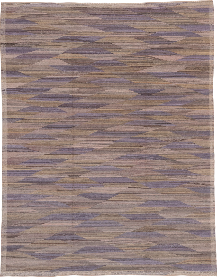 7' x 10' one-of-a-kind handmade vintage Kilim large size rug. Color palette: taupe, lavender, beige, mauve, brown, gray