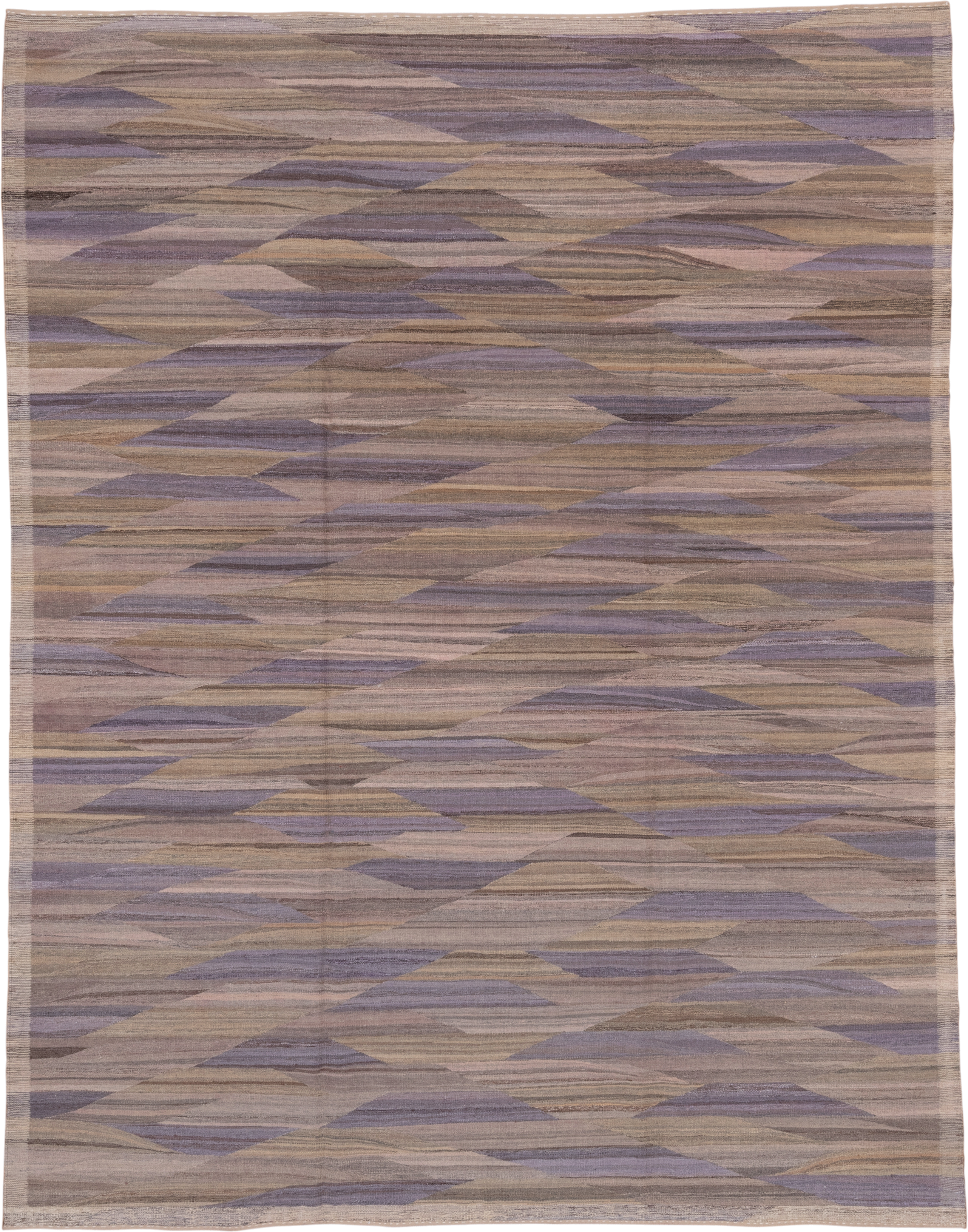 7' x 10' one-of-a-kind handmade vintage Kilim large size rug. Color palette: taupe, lavender, beige, mauve, brown, gray