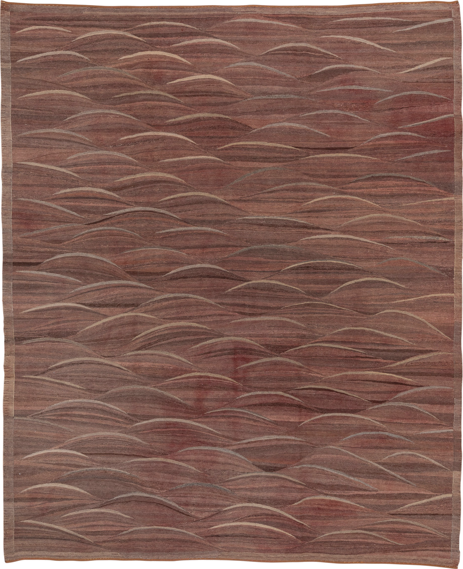 8' x 9' one-of-a-kind handmade vintage Kilim rug. Color palette: brown, taupe, camel, rose, charcoal, ivory, beige, gray