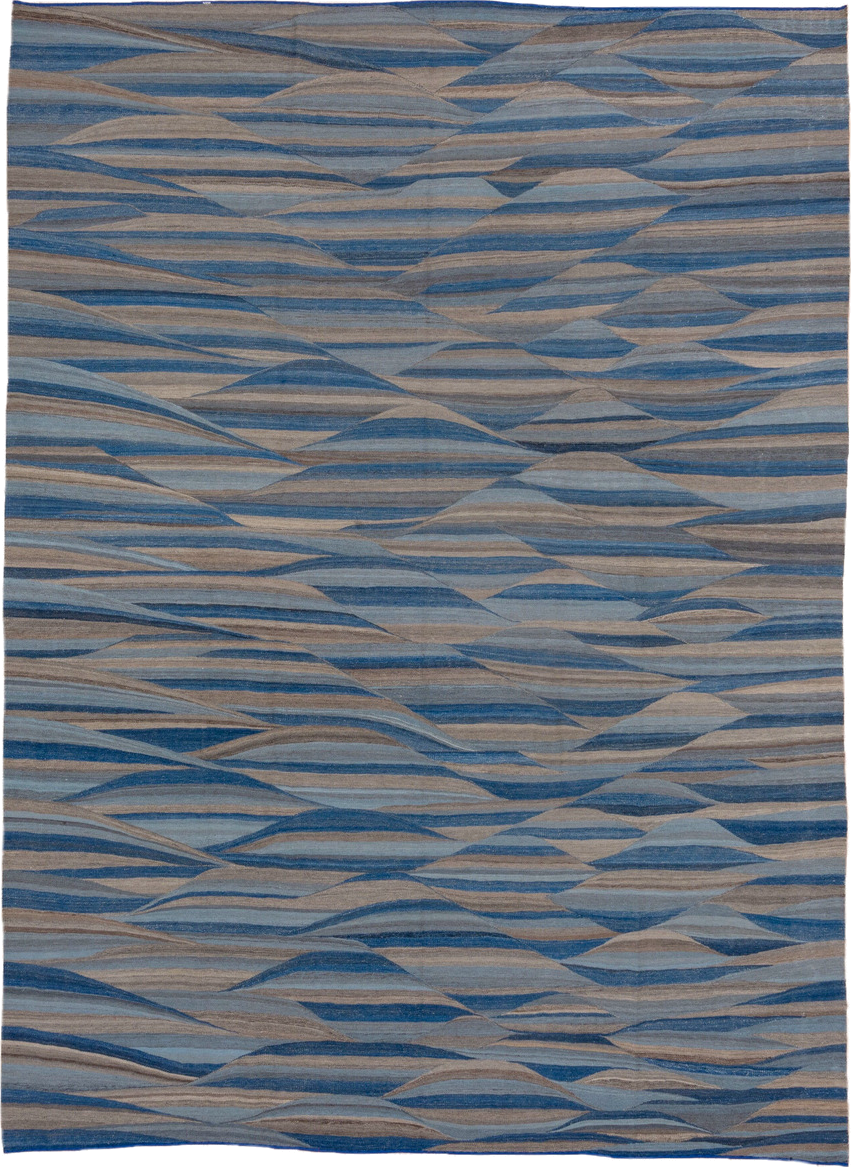 8' x 11' one-of-a-kind handmade vintage Kilim large size rug. Color palette: blue, taupe, sky blue, slate, ivory, beige