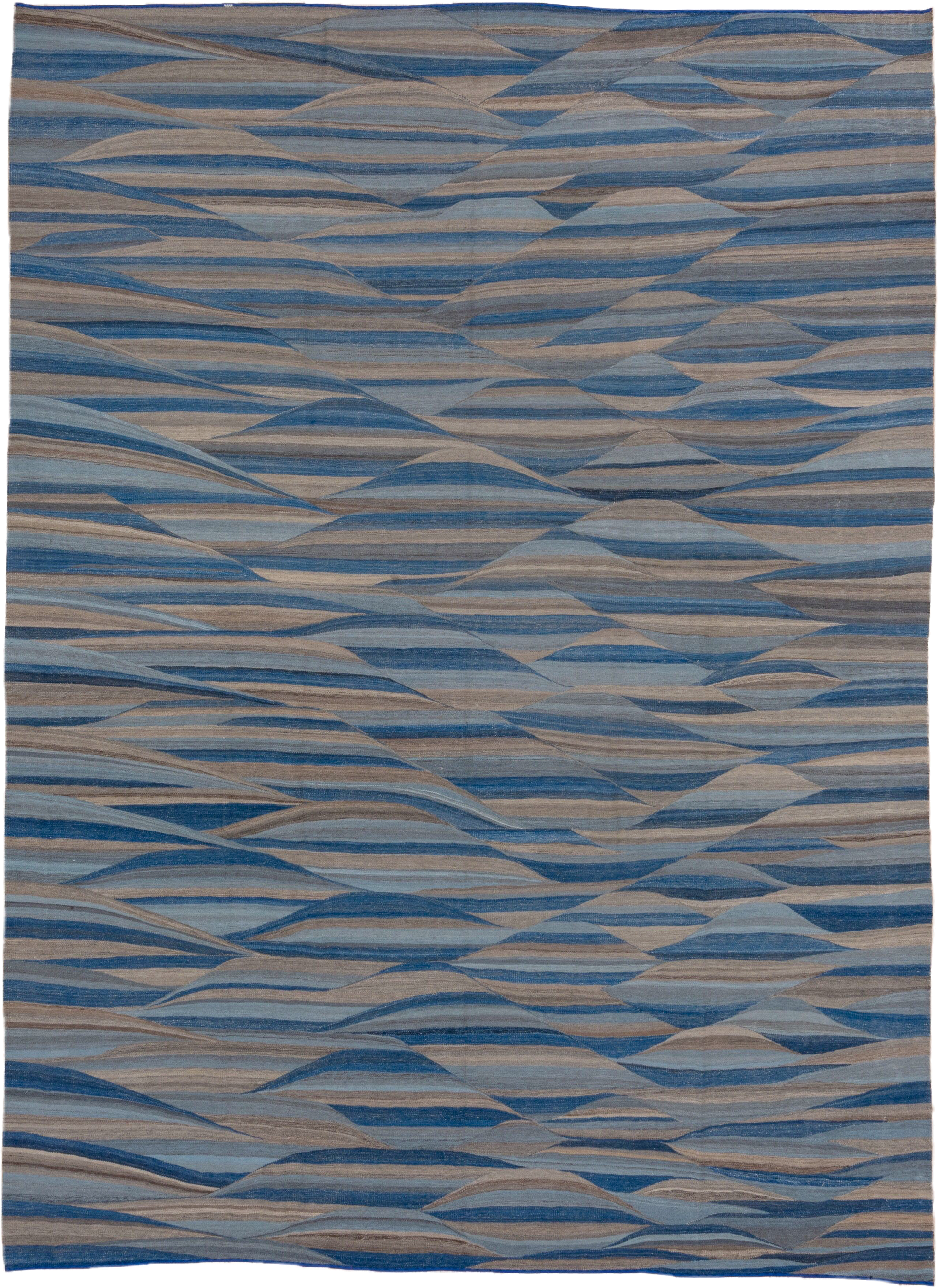 8' x 11' one-of-a-kind handmade vintage Kilim large size rug. Color palette: blue, taupe, sky blue, slate, ivory, beige