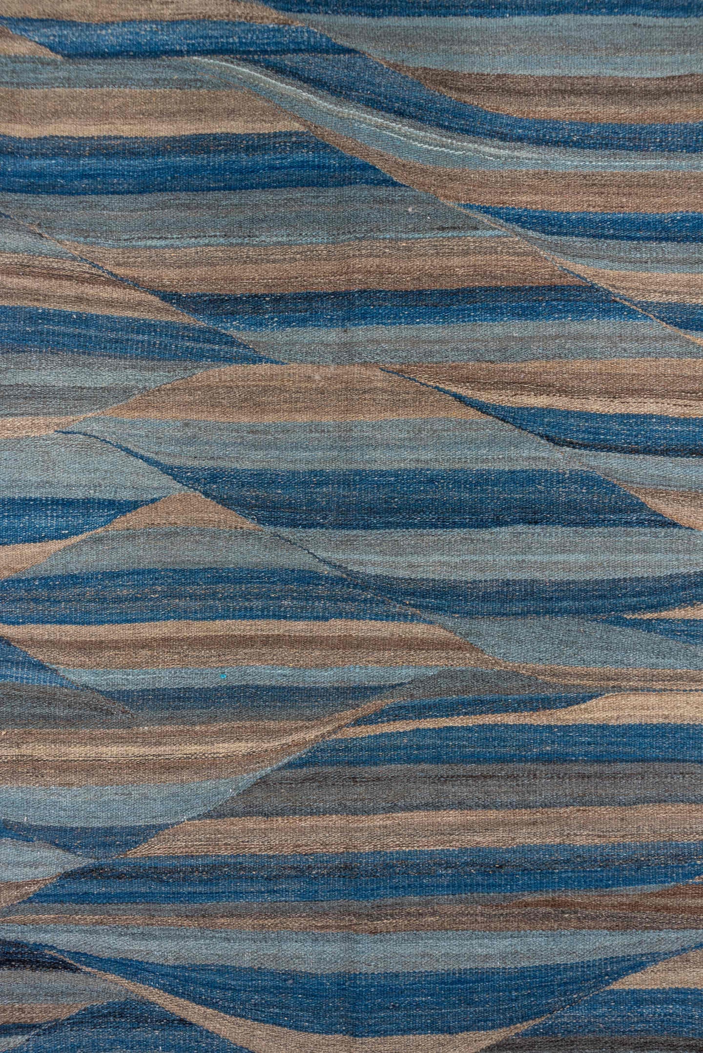 8' x 11' one-of-a-kind handmade vintage Kilim large size rug. Color palette: blue, taupe, sky blue, slate, ivory, beige