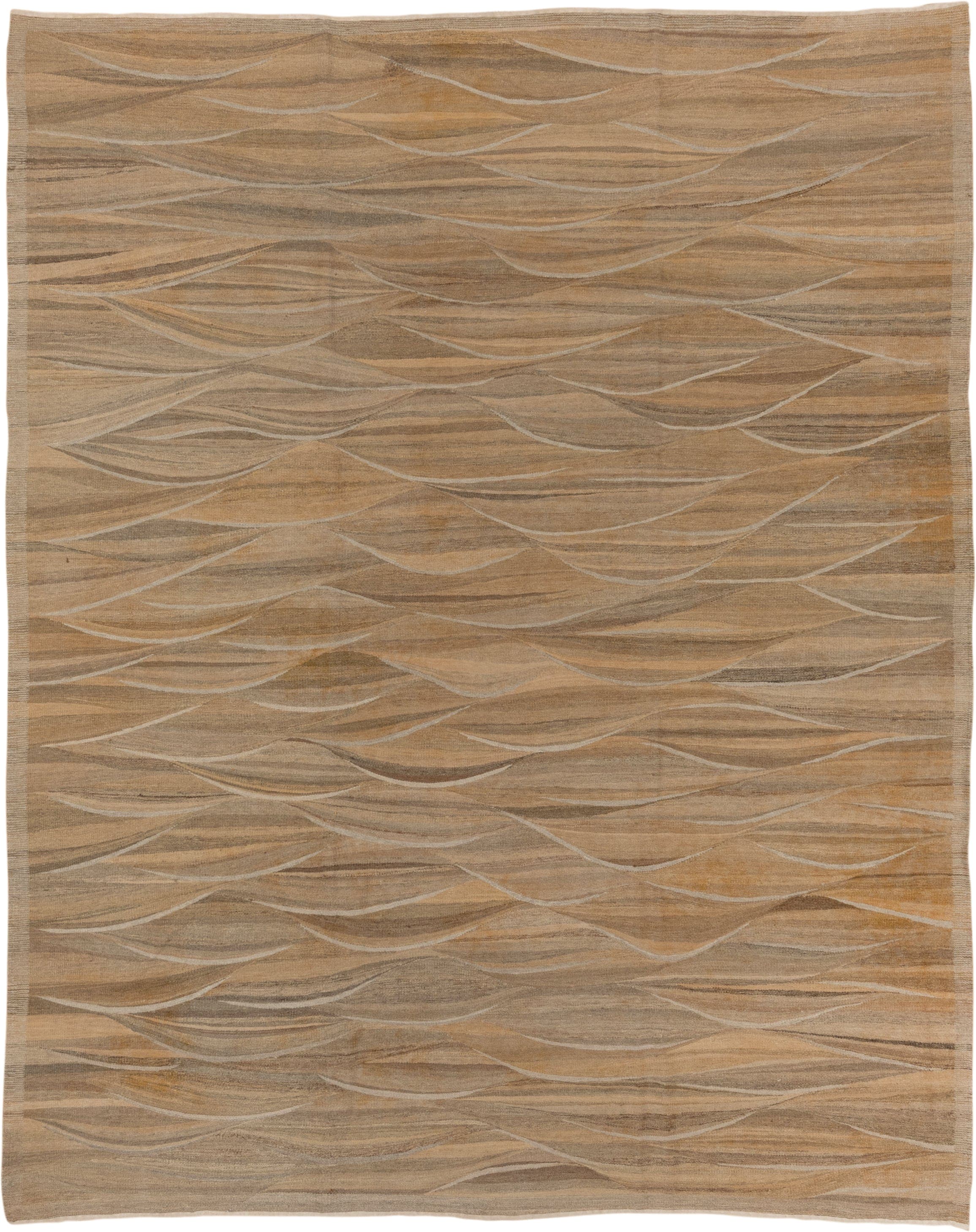 8' x 9' one-of-a-kind handmade vintage Kilim rug. Color palette: taupe, camel, beige, ivory, brown, gray