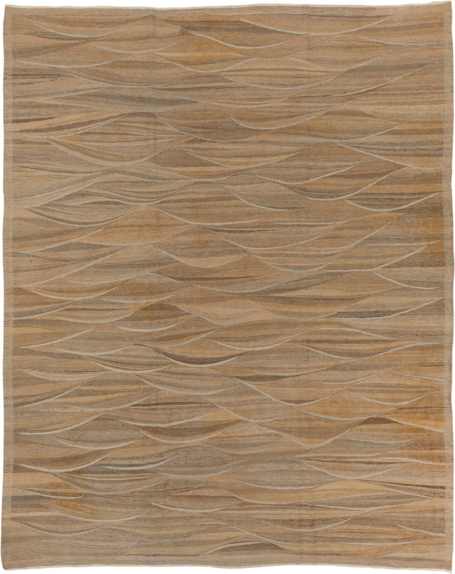8' x 9' one-of-a-kind handmade vintage Kilim rug. Color palette: taupe, camel, beige, ivory, brown, gray