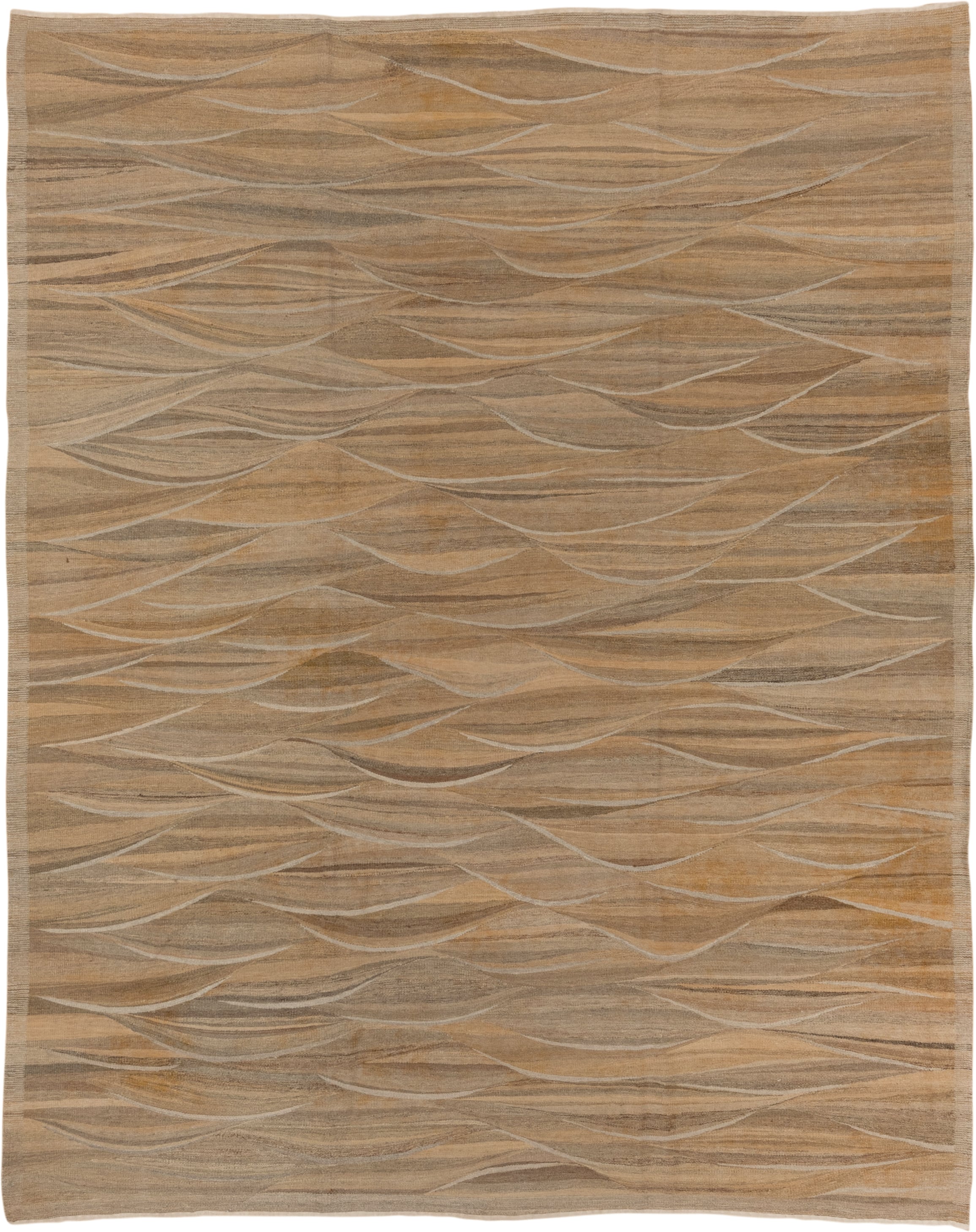 8' x 9' one-of-a-kind handmade vintage Kilim rug. Color palette: taupe, camel, beige, ivory, brown, gray