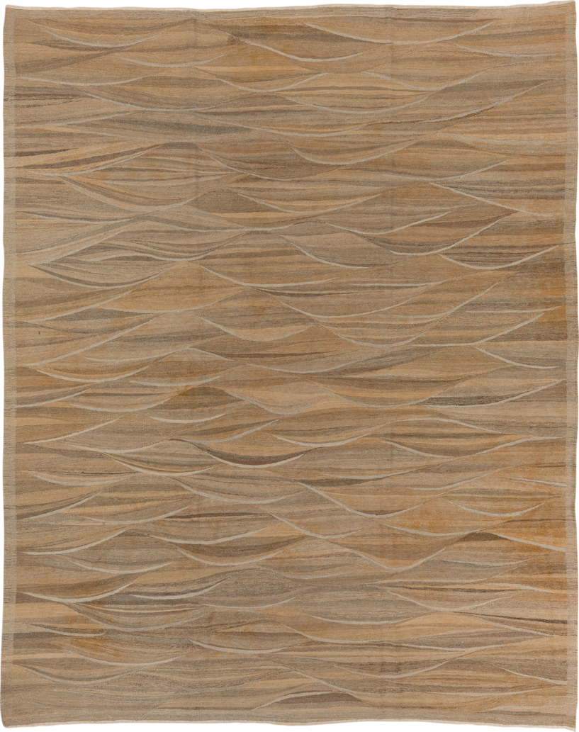 8' x 9' one-of-a-kind handmade vintage Kilim rug. Color palette: taupe, camel, beige, ivory, brown, gray