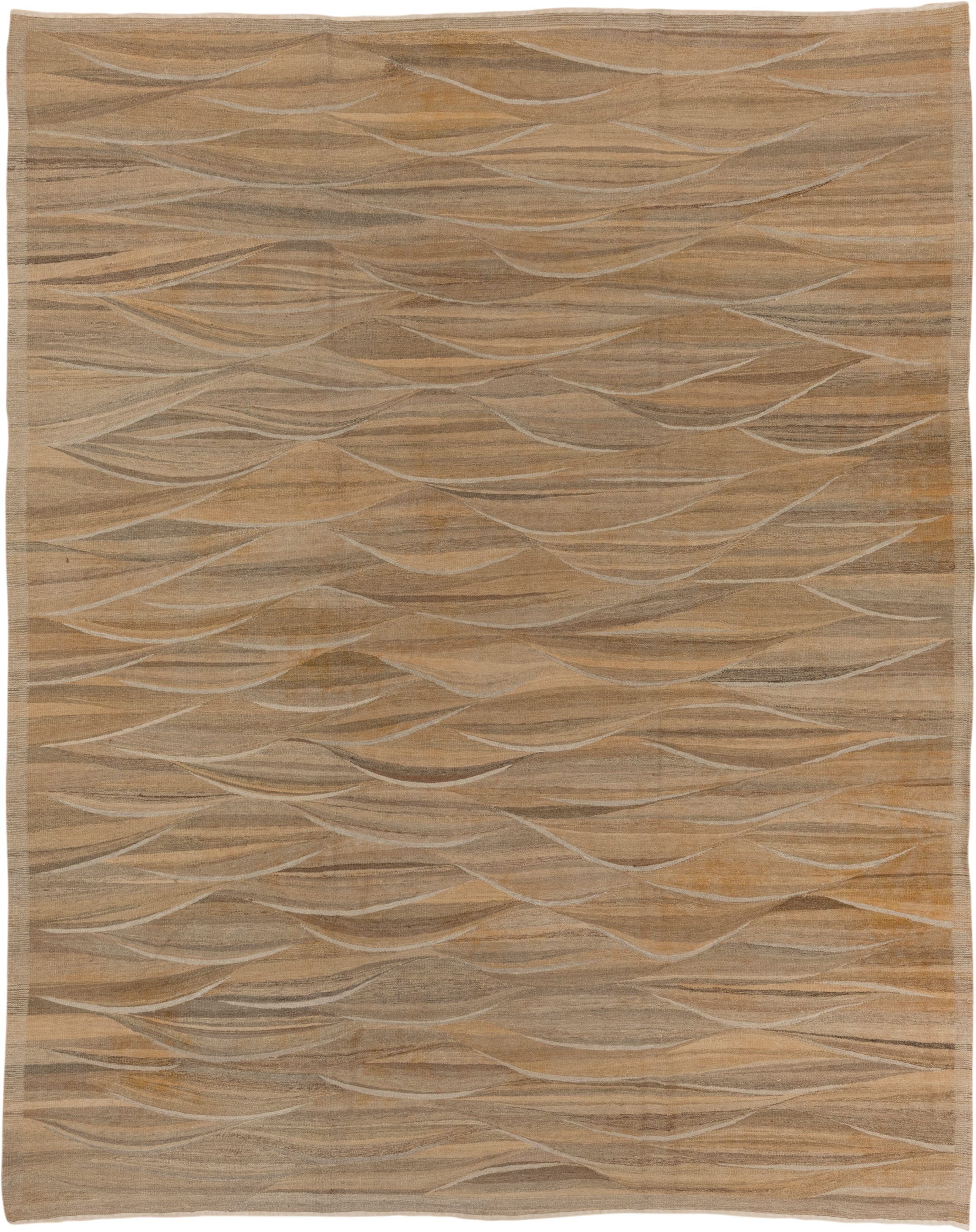 8' x 9' one-of-a-kind handmade vintage Kilim rug. Color palette: taupe, camel, beige, ivory, brown, gray