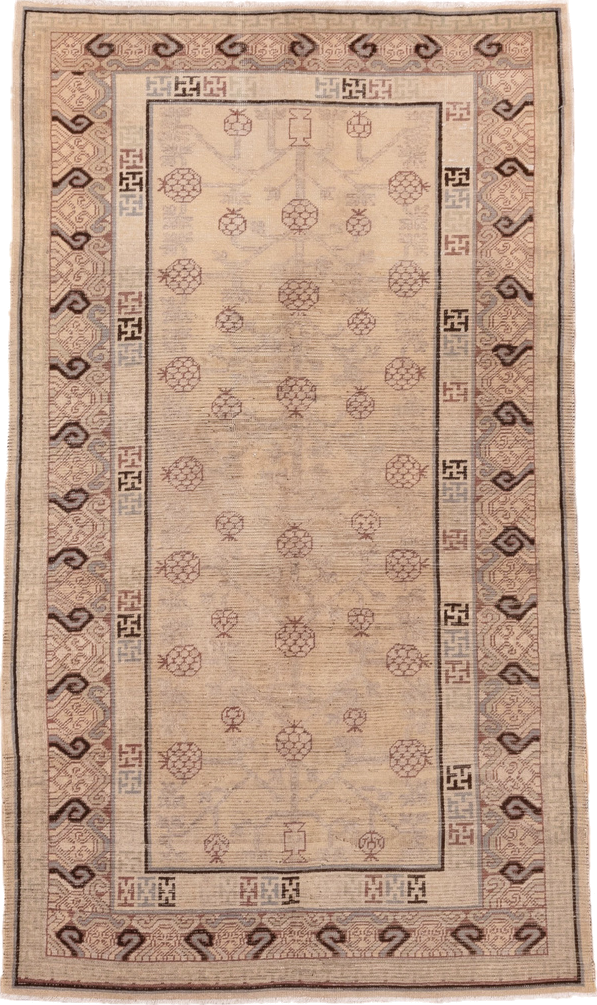4' x 8' one-of-a-kind handmade vintage Khotan rug. Color palette: ivory, taupe, brown, camel, rose, slate, beige, gray, pink