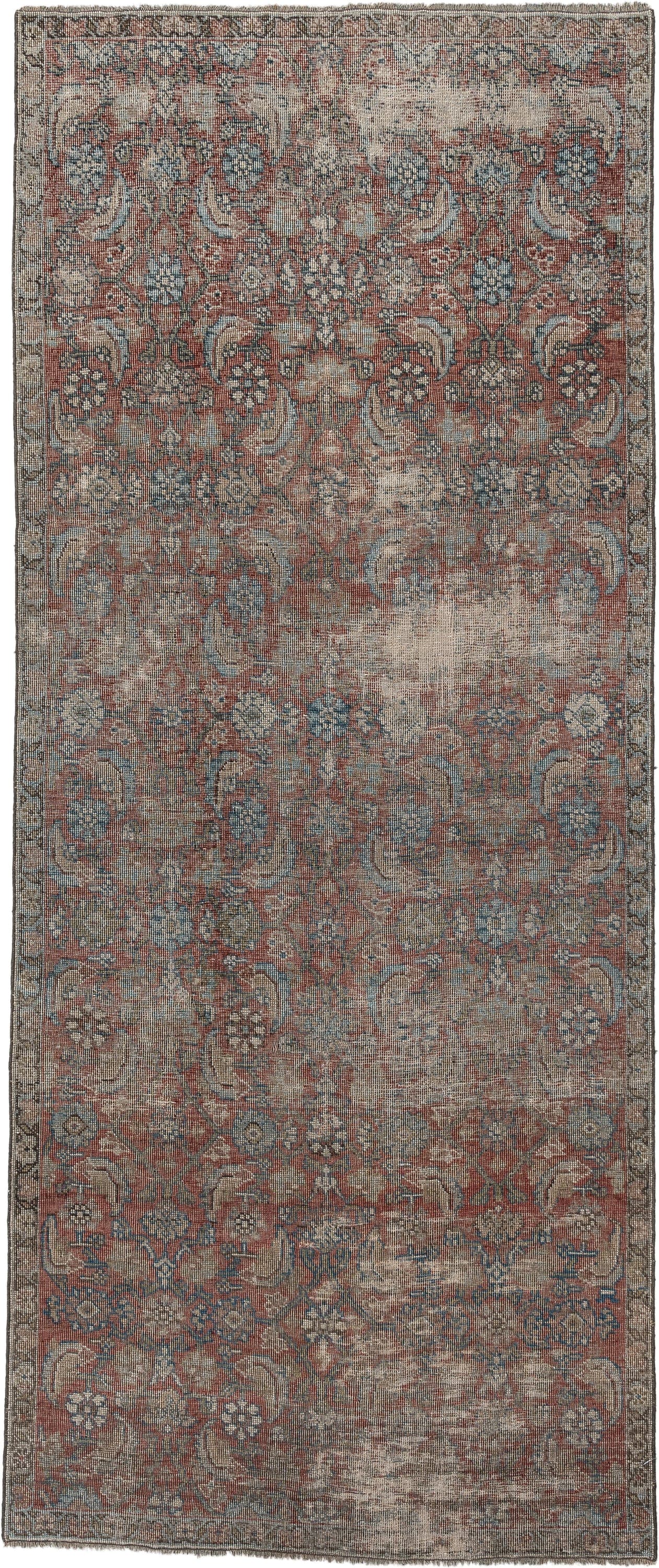 3' x 7' one-of-a-kind handmade antique Bidjar runner rug. Color palette: terracotta, ivory, muted blue, taupe, slate, rose