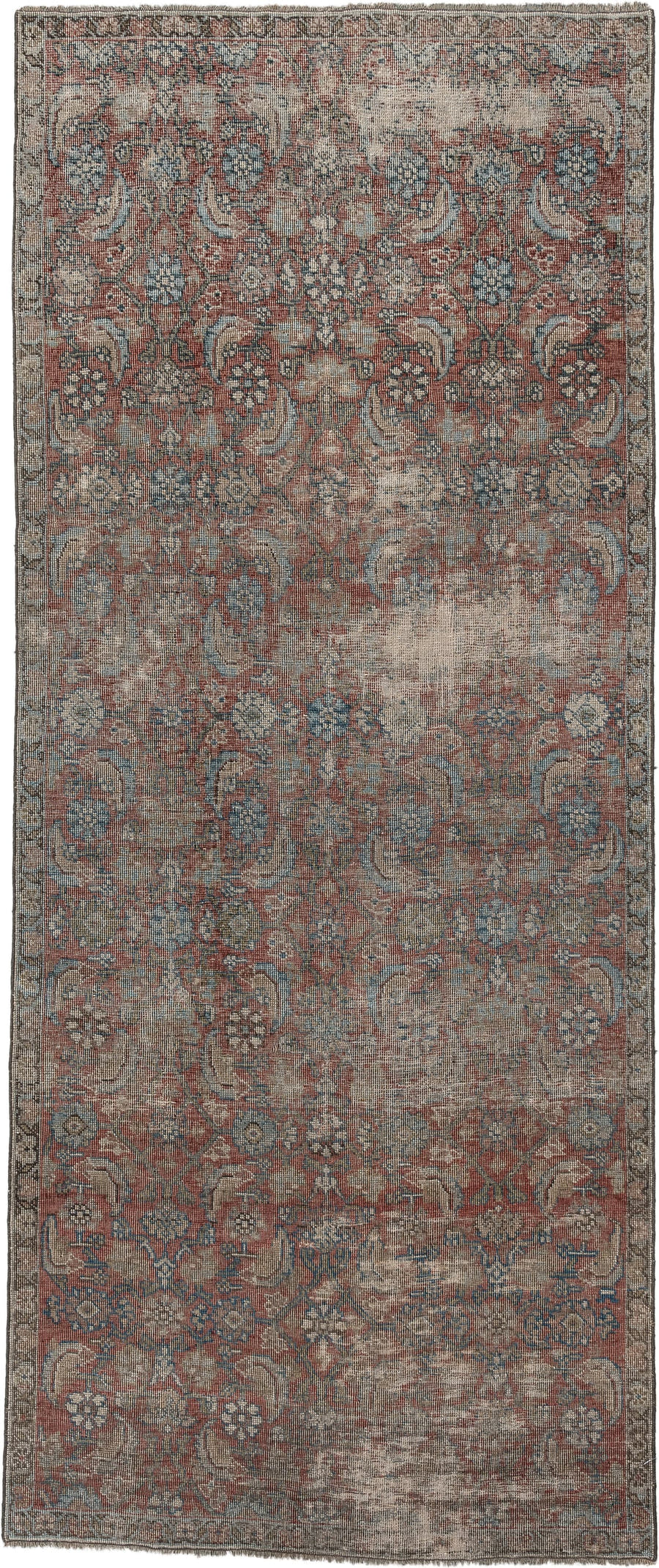 3' x 7' one-of-a-kind handmade antique Bidjar runner rug. Color palette: terracotta, ivory, muted blue, taupe, slate, rose