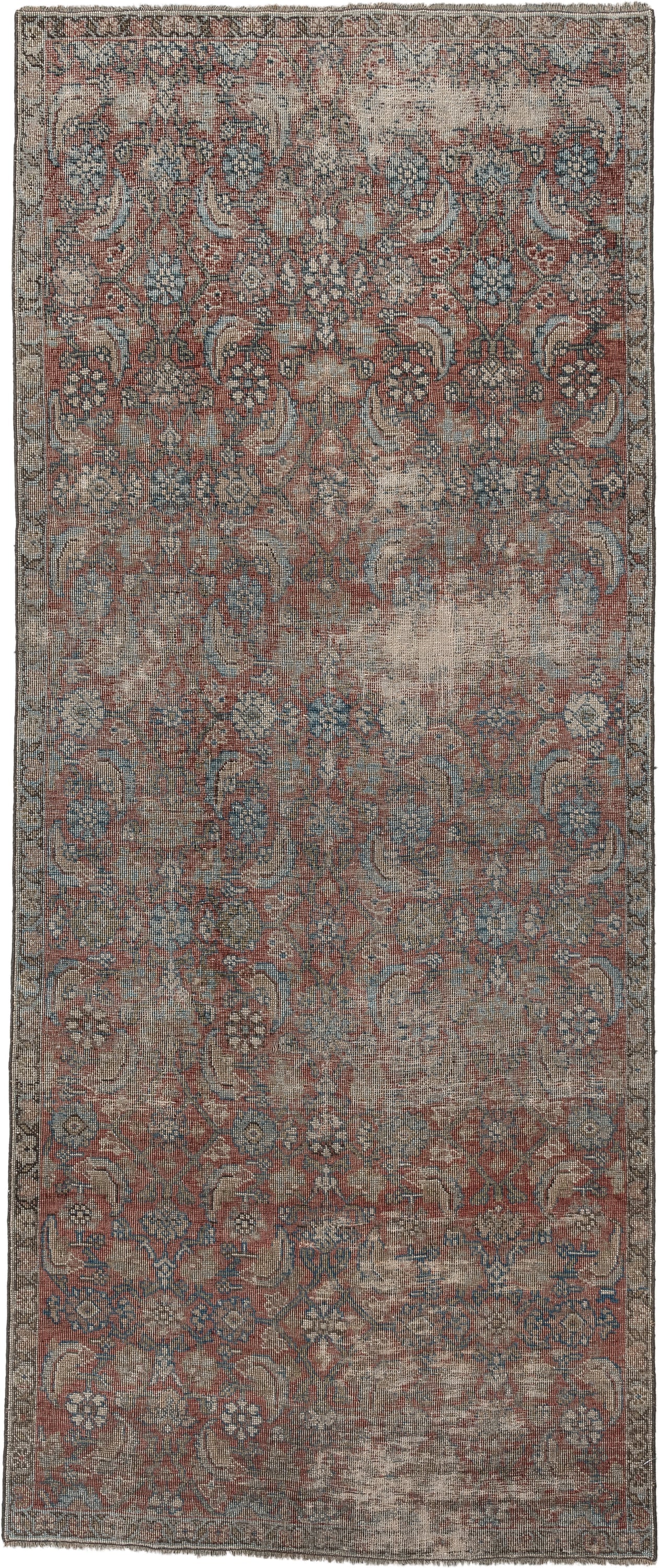3' x 7' one-of-a-kind handmade antique Bidjar runner rug. Color palette: terracotta, ivory, muted blue, taupe, slate, rose