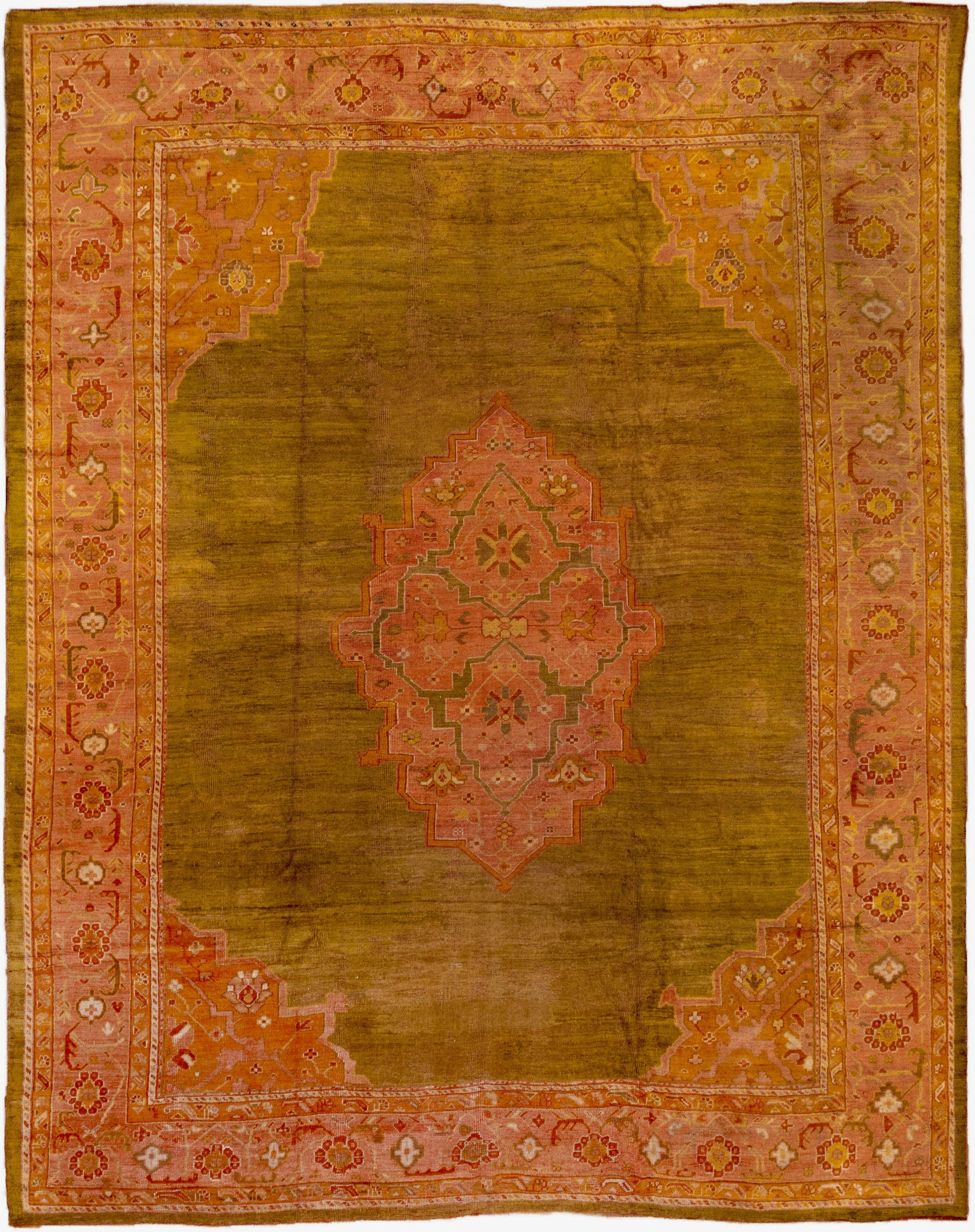 11' x 14' one-of-a-kind handmade antique Oushak oversize rug. Color palette: gold, blush, coral, saffron, terra cotta, ivory