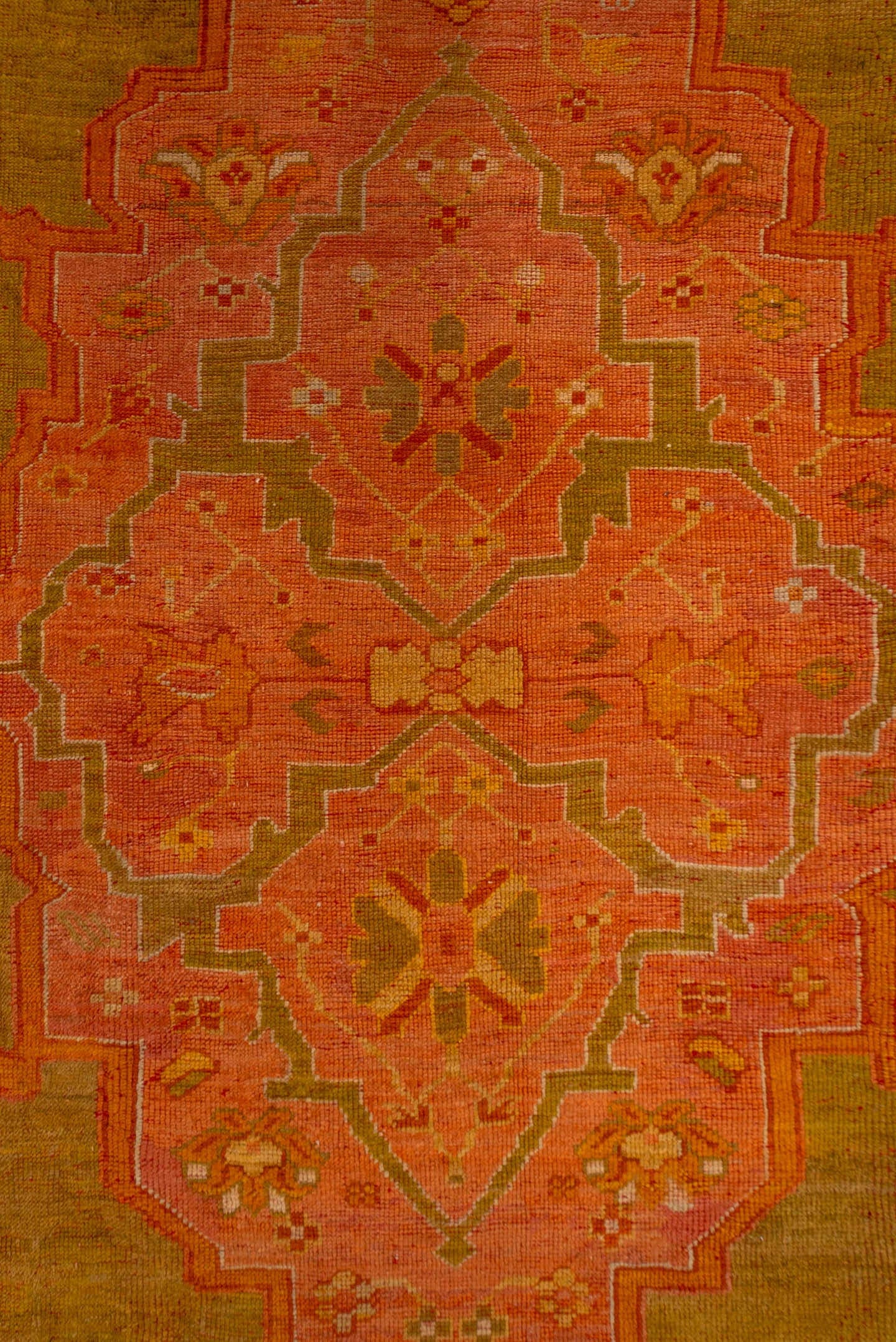 11' x 14' one-of-a-kind handmade antique Oushak oversize rug. Color palette: gold, blush, coral, saffron, terra cotta, ivory