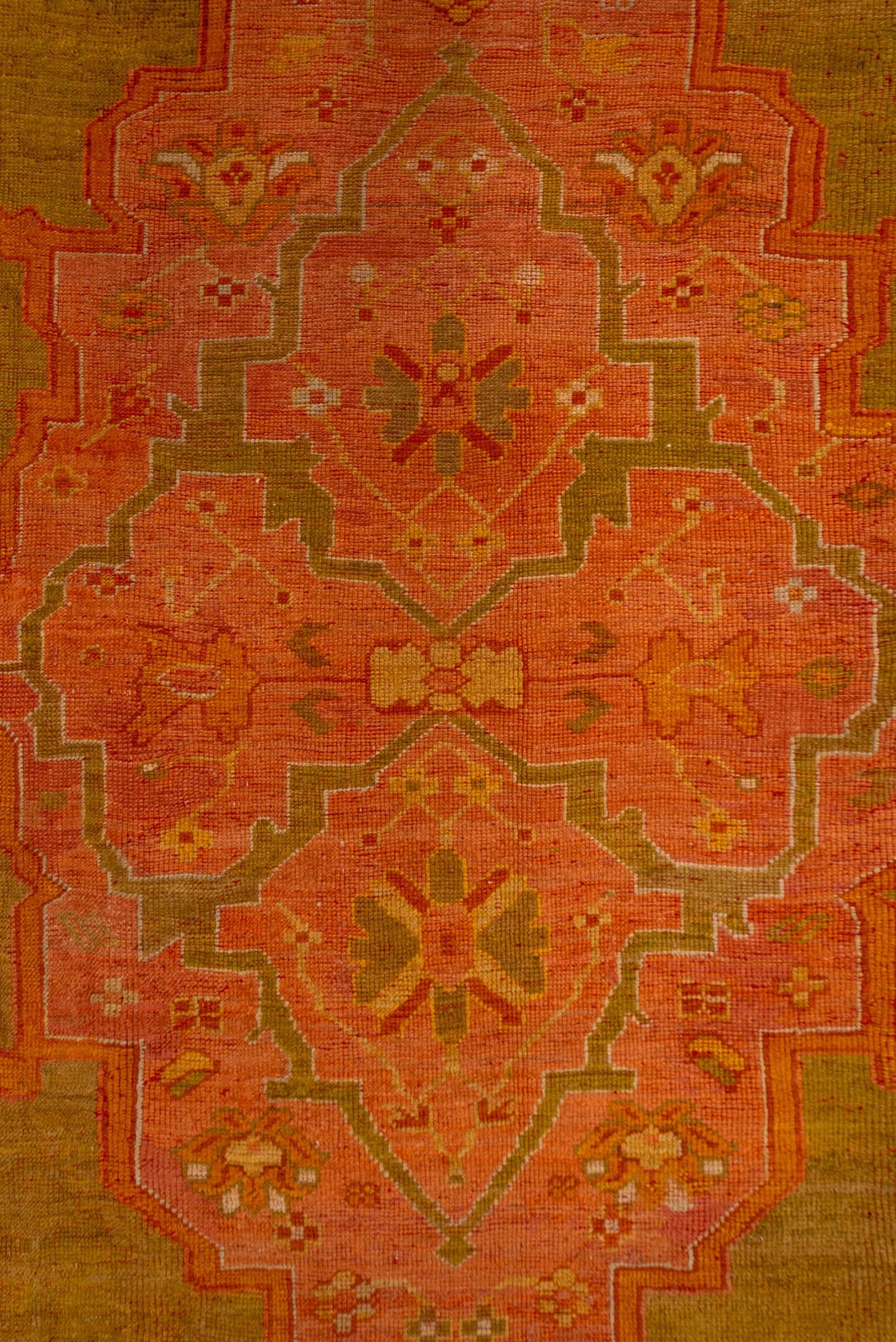 11' x 14' one-of-a-kind handmade antique Oushak oversize rug. Color palette: gold, blush, coral, saffron, terra cotta, ivory