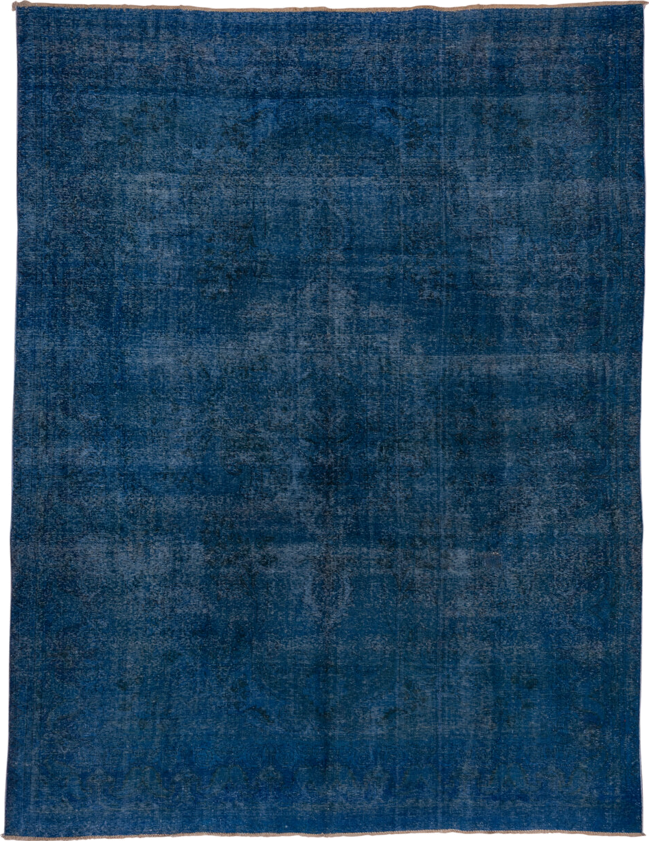 9' x 12' one-of-a-kind handmade antique Overdyed large size rug. Color palette: navy, indigo, slate, charcoal, blue, purple