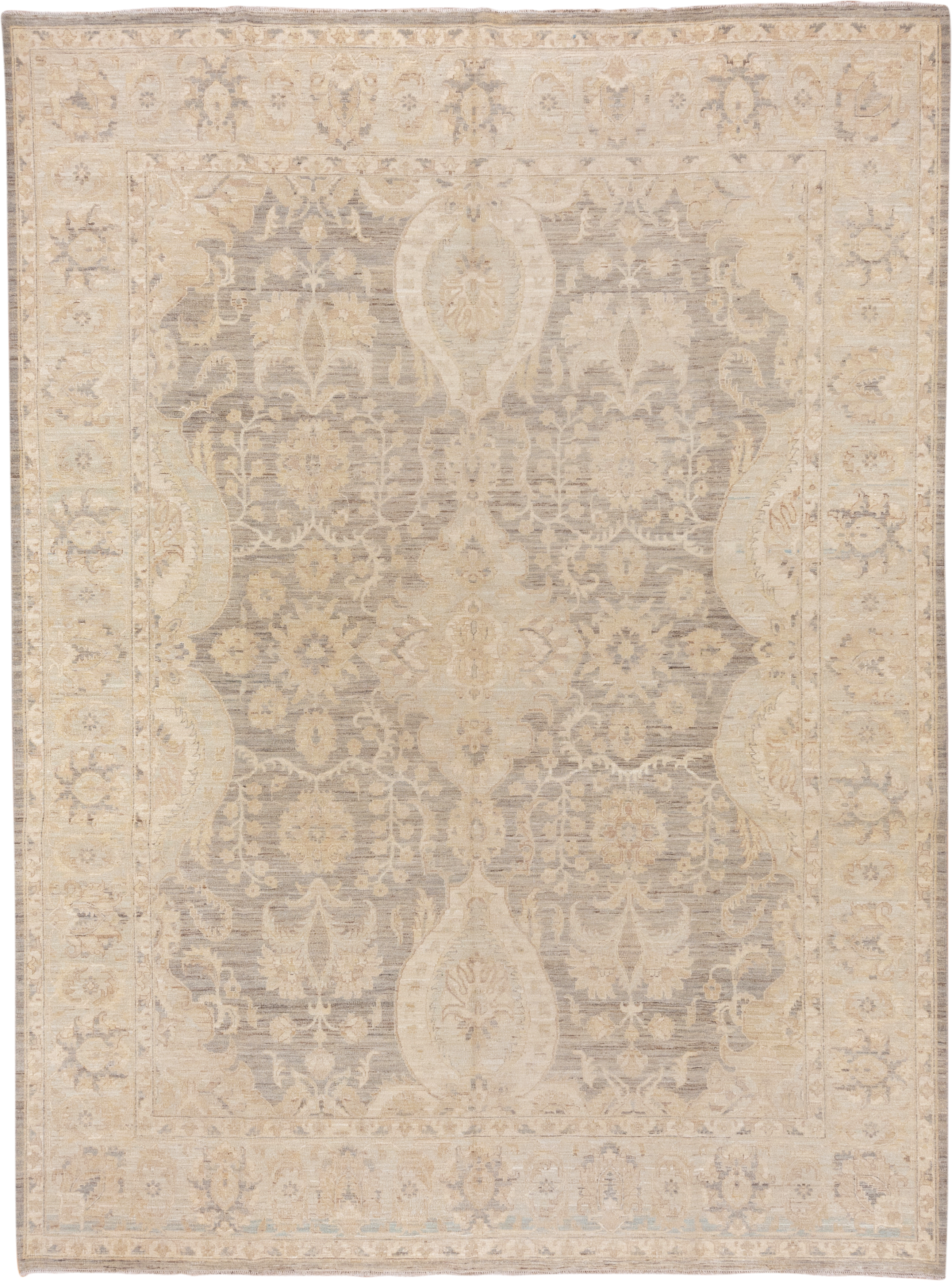 9' x 12' one-of-a-kind handmade vintage Sivas large size rug. Color palette: ivory, beige, taupe, gray, cream, pale gold