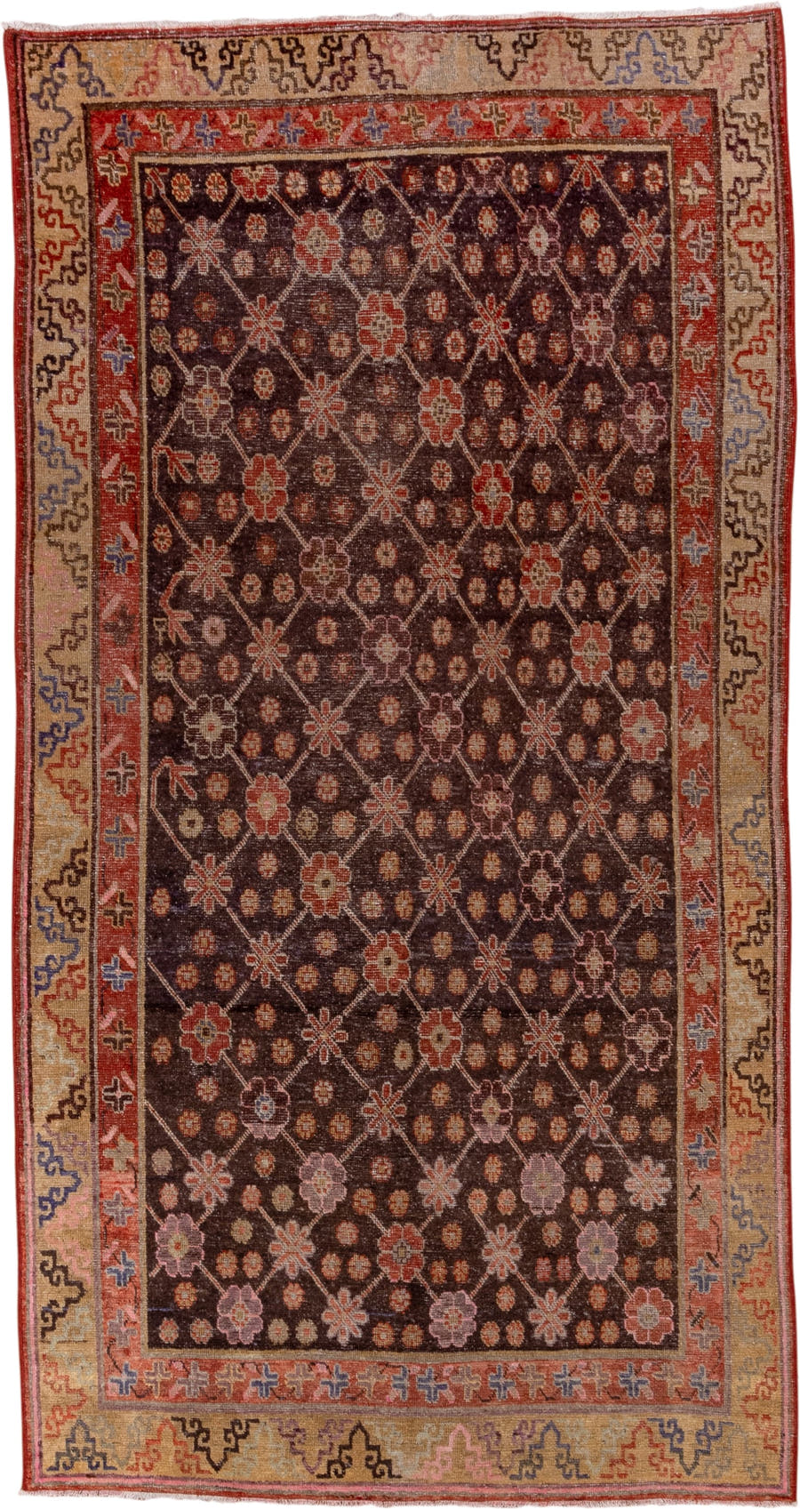 4' x 8' one-of-a-kind handmade vintage Khotan rug. Color palette: brown, rust, camel, ivory, rose, blue, charcoal