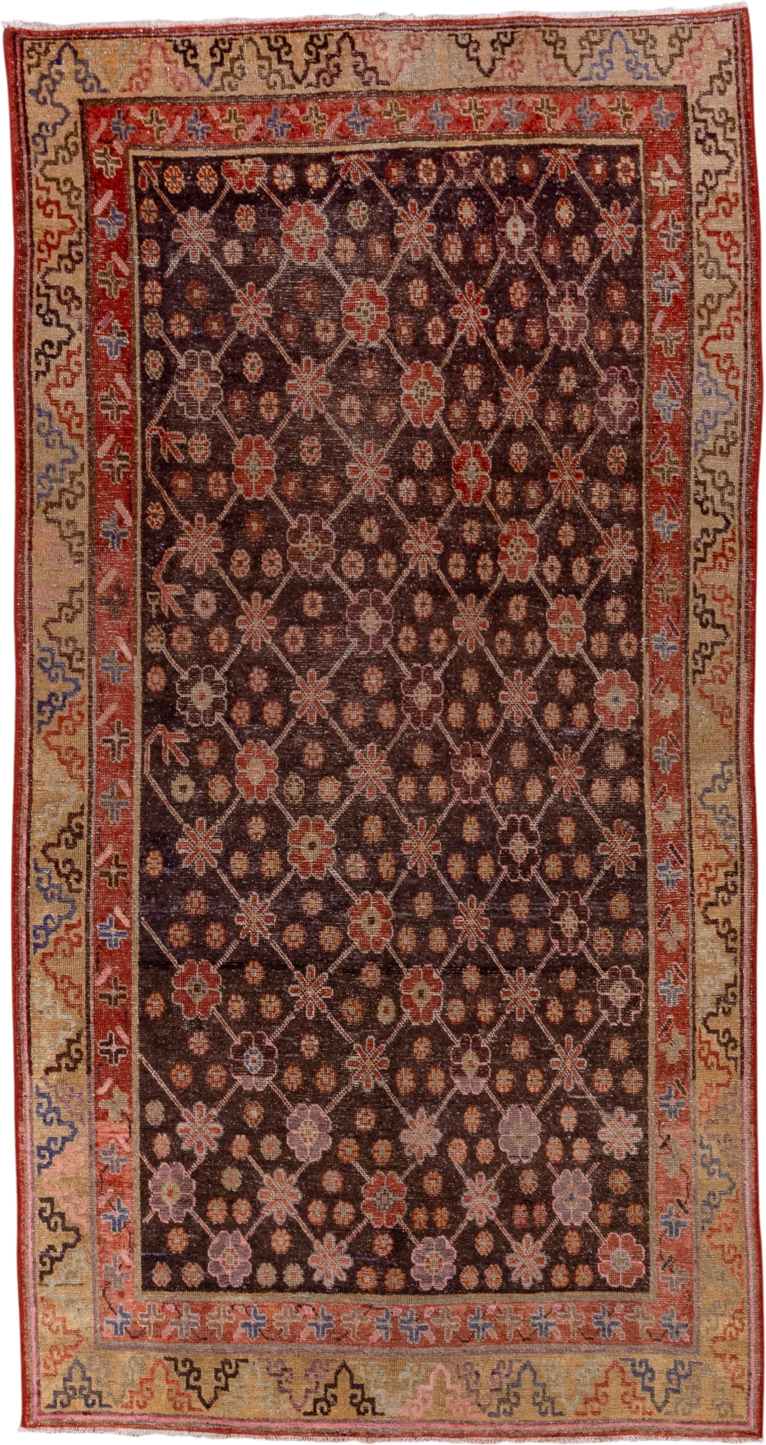 4' x 8' one-of-a-kind handmade vintage Khotan rug. Color palette: brown, rust, camel, ivory, rose, blue, charcoal