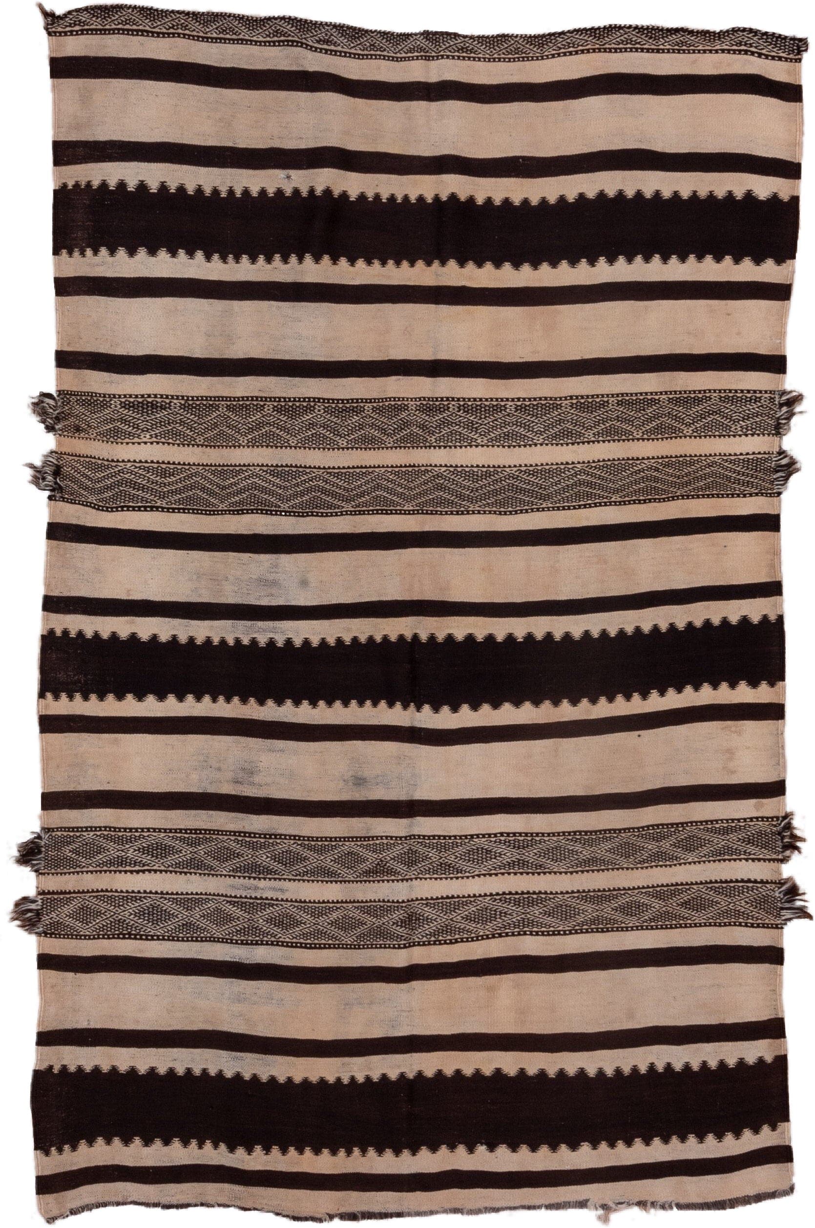 5' x 8' one-of-a-kind handmade vintage Kilim medium size rug. Color palette: ivory, espresso, taupe, charcoal, brown, black