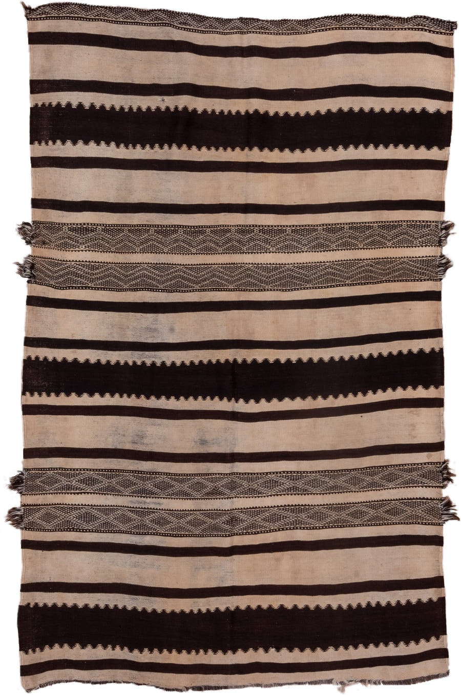 5' x 8' one-of-a-kind handmade vintage Kilim medium size rug. Color palette: ivory, espresso, taupe, charcoal, brown, black