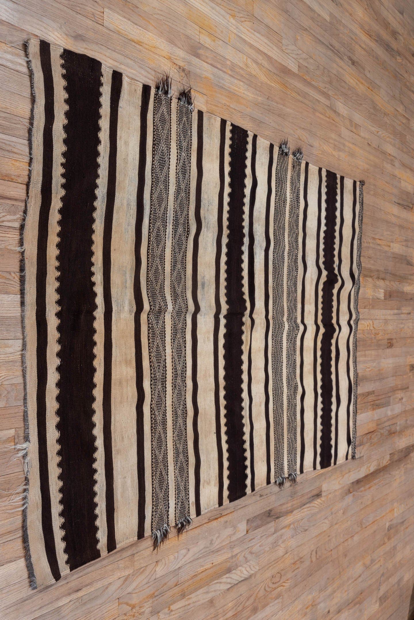 5' x 8' one-of-a-kind handmade vintage Kilim medium size rug. Color palette: ivory, espresso, taupe, charcoal, brown, black