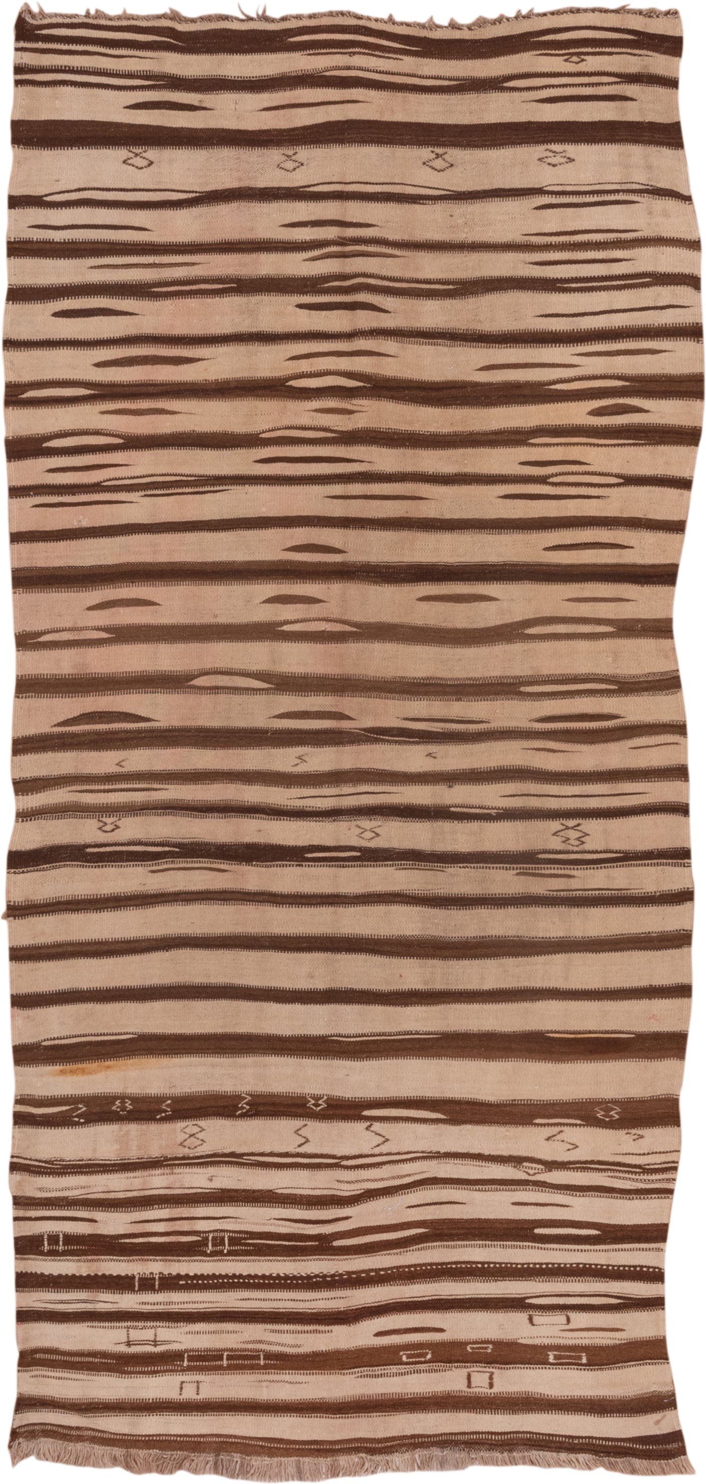 4' x 9' one-of-a-kind handmade vintage Kilim runner rug. Color palette: tan, brown, camel, taupe, ivory, beige, gray