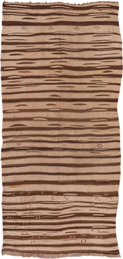 4' x 9' one-of-a-kind handmade vintage Kilim runner rug. Color palette: tan, brown, camel, taupe, ivory, beige, gray